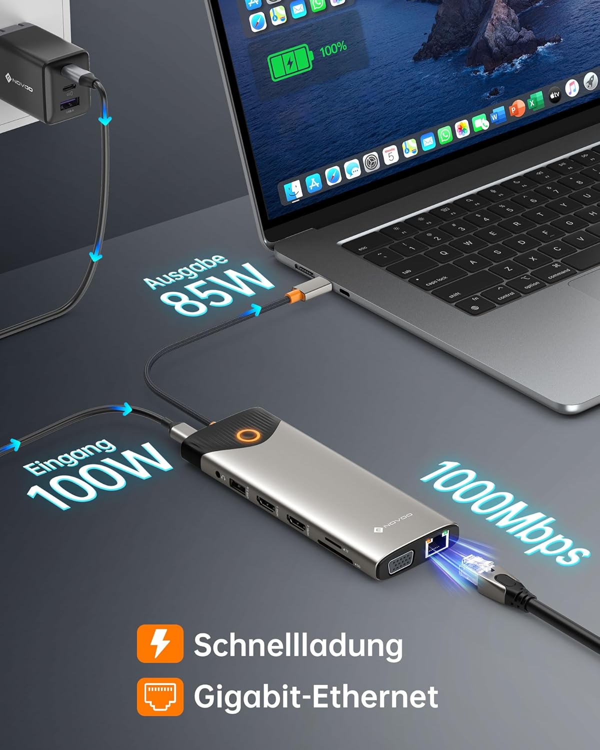 Thumbnail 5 de NOVOO USB-C Docking Station „15 in 1“ für Triple Display: Dual 4K@60Hz, 100W PD, Gigabit Ethernet & Kartenleser