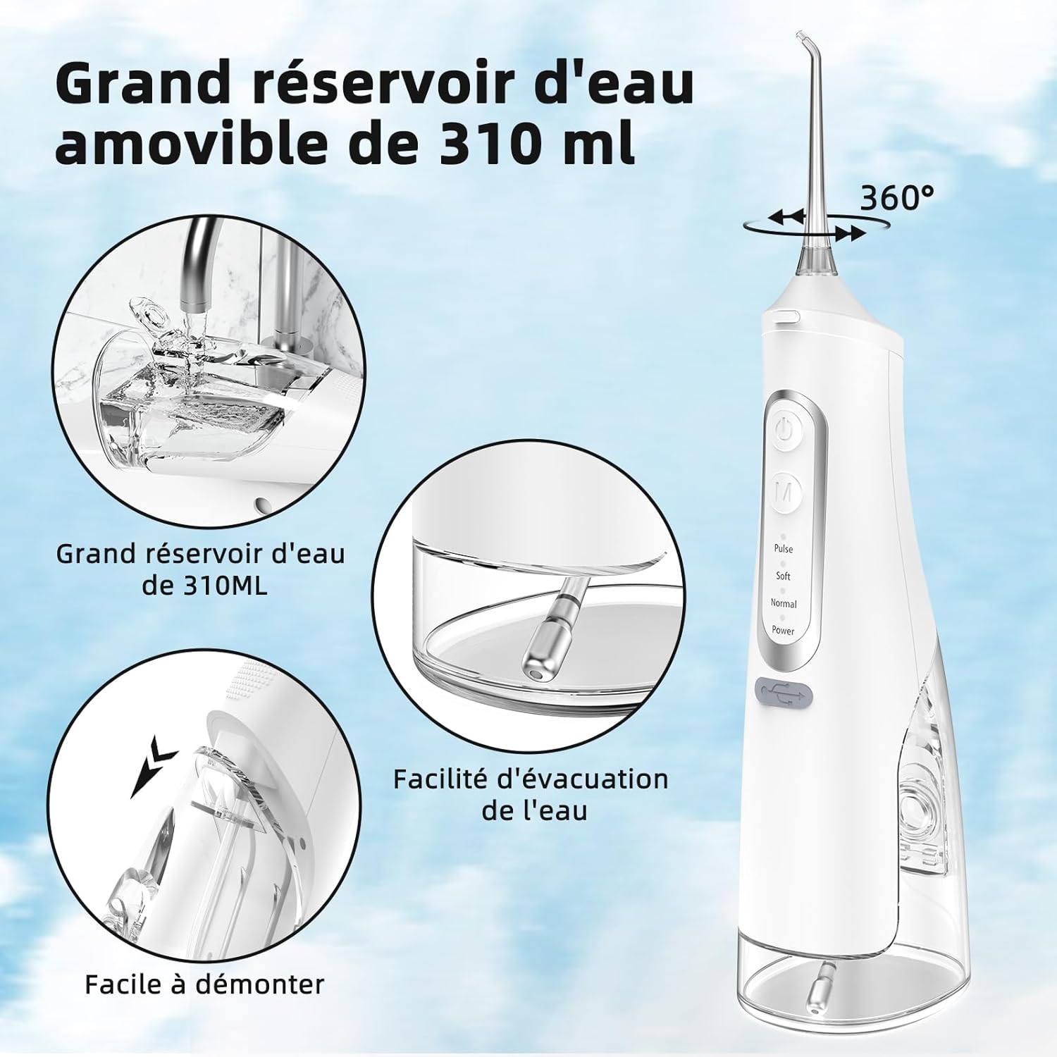 Detalle 2 de Jet Dentaire Hydropulseur Portable Sans Fil Rechargeable – 4 modes, 310 ml, IPX7, 60 Jours d’autonomie