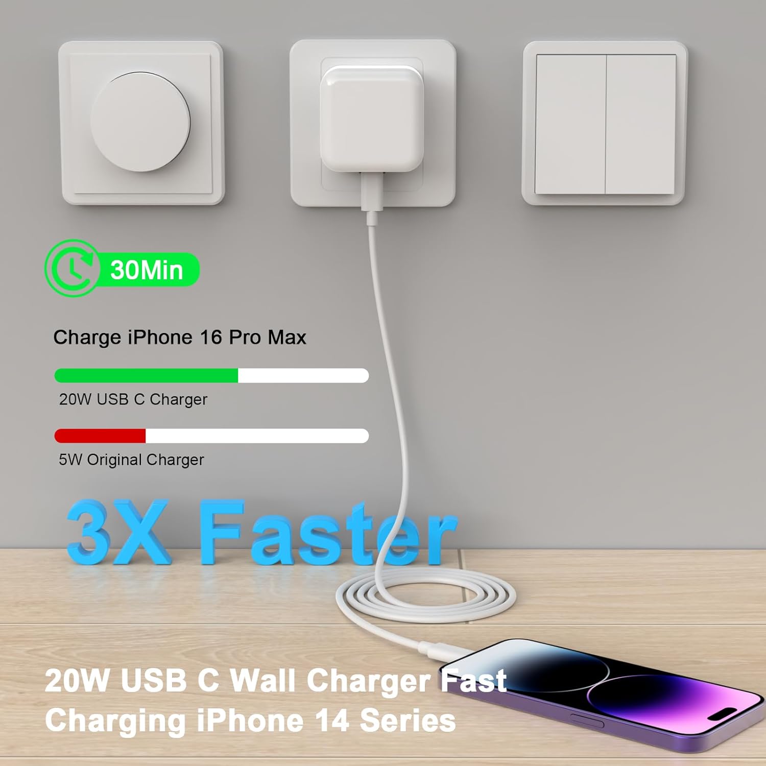 Thumbnail 1 de FUHAYA iPhone Fast Charge (MFi Certified) USB‑C to Lightning Charger Cable Kit with 20W Power Plug and 6FT Cable