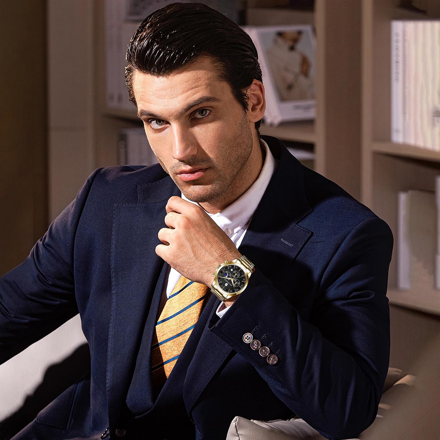 Detalle 2 de BENYAR BY Orologi uomo multifunzione cronografo al quarzo nero con cinturino in pelle e datario