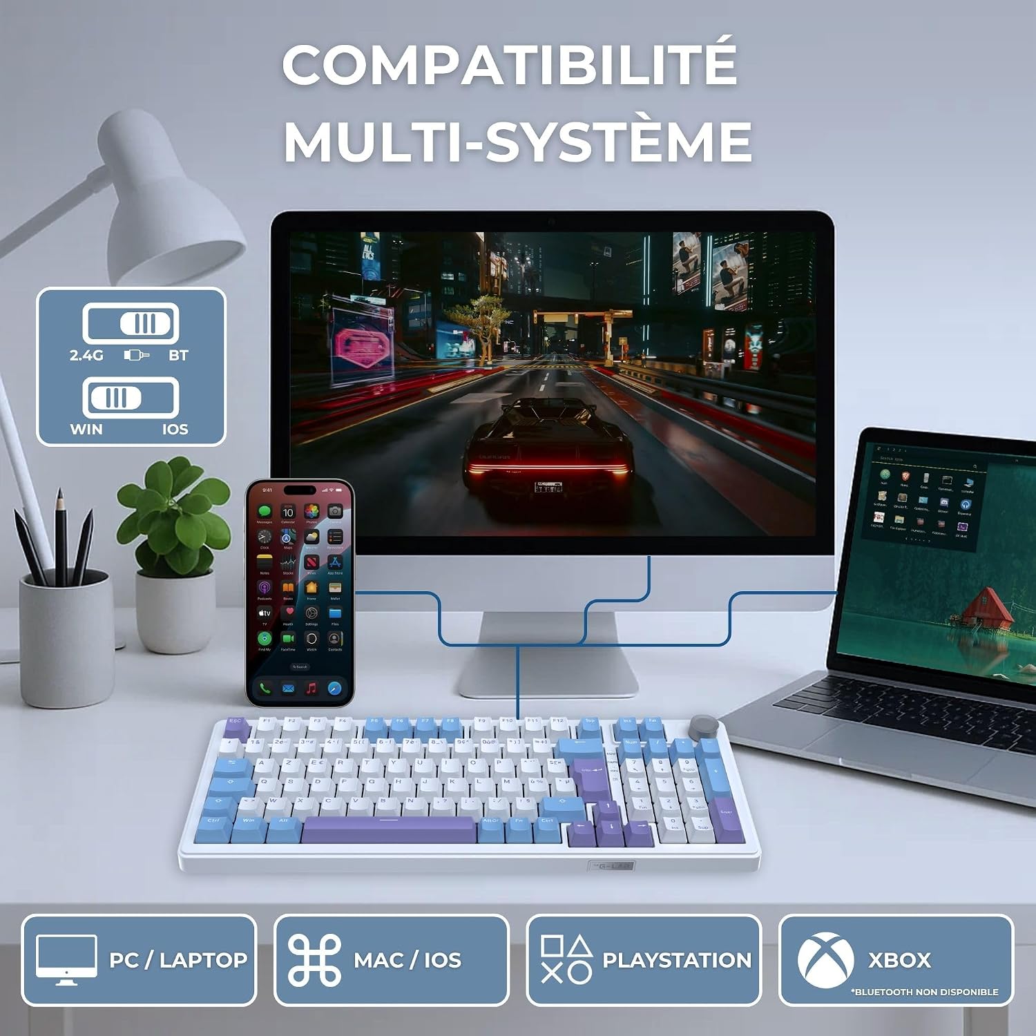Thumbnail 6 de The G-Lab KEYZ Elite 400 WB — clavier gamer mécanique sans fil tri-mode AZERTY FR (2,4 GHz/Bluetooth/filiaire), hot swap, RGB + macros