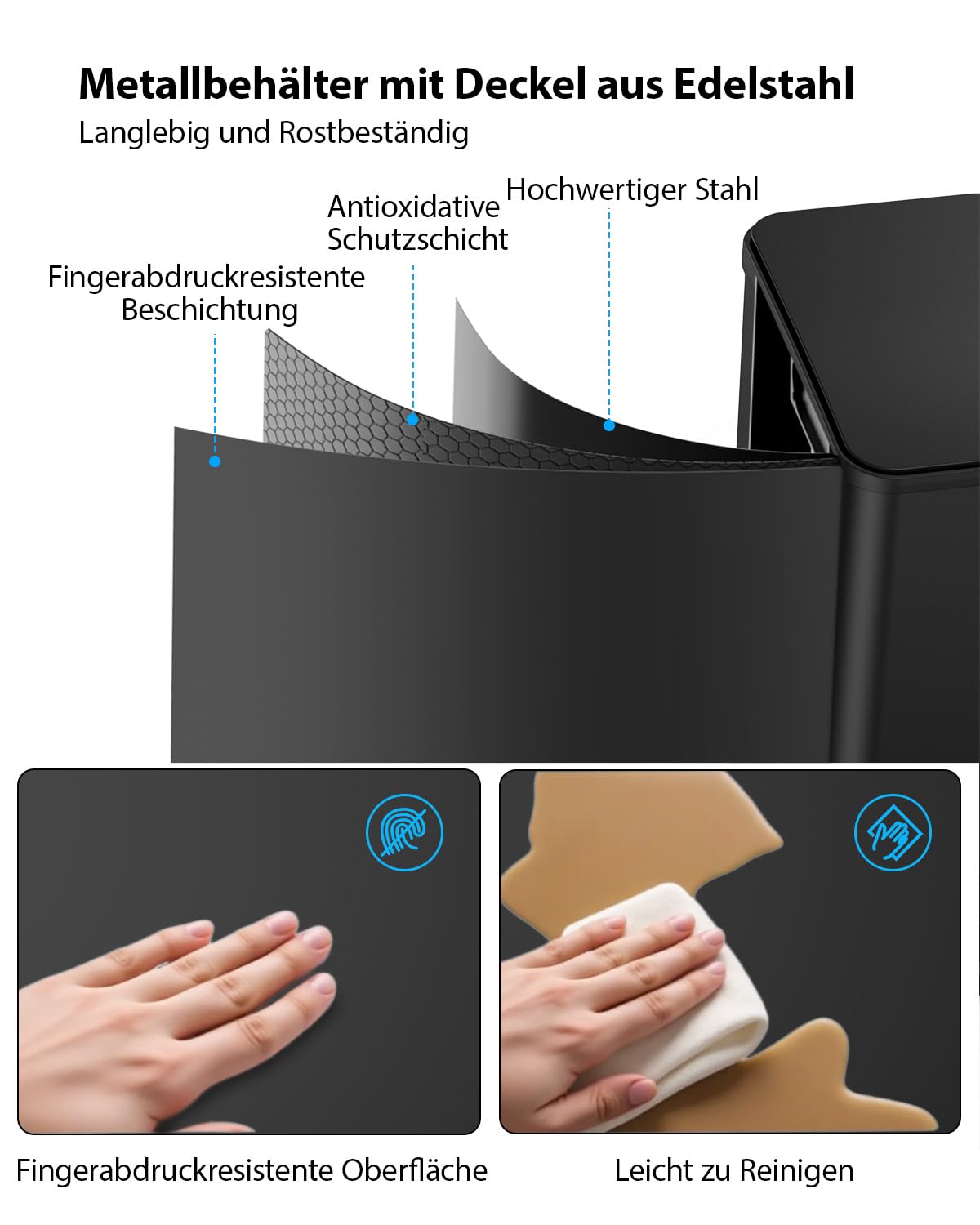 Detalle de lovewind Mülleimer Set mit 2×15 l – Doppeltret-Mülleimer aus Edelstahl mit Deckel (Soft-Close)