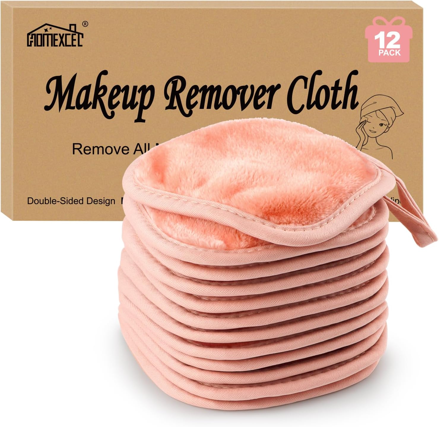 Detalle de HOMEXCEL Reusable Makeup Remover Cloths, 12-Pack, 5 x 5 in, Pink
