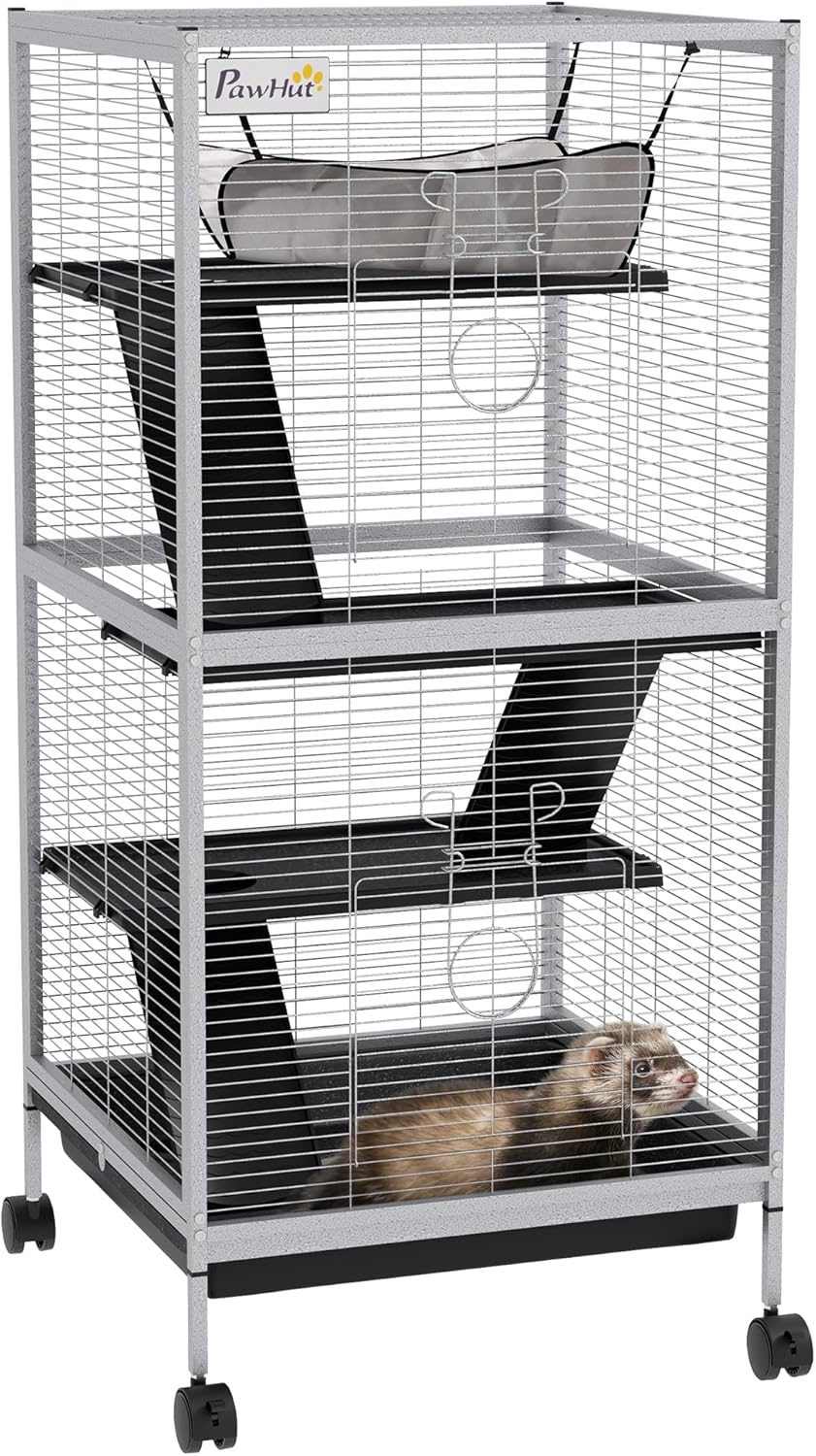 PawHut Cage pour Petits Animaux Portable à 4 Niveaux – Cage Chinchilla/Furet 52 x 52 x 113,5 cm, Blanc