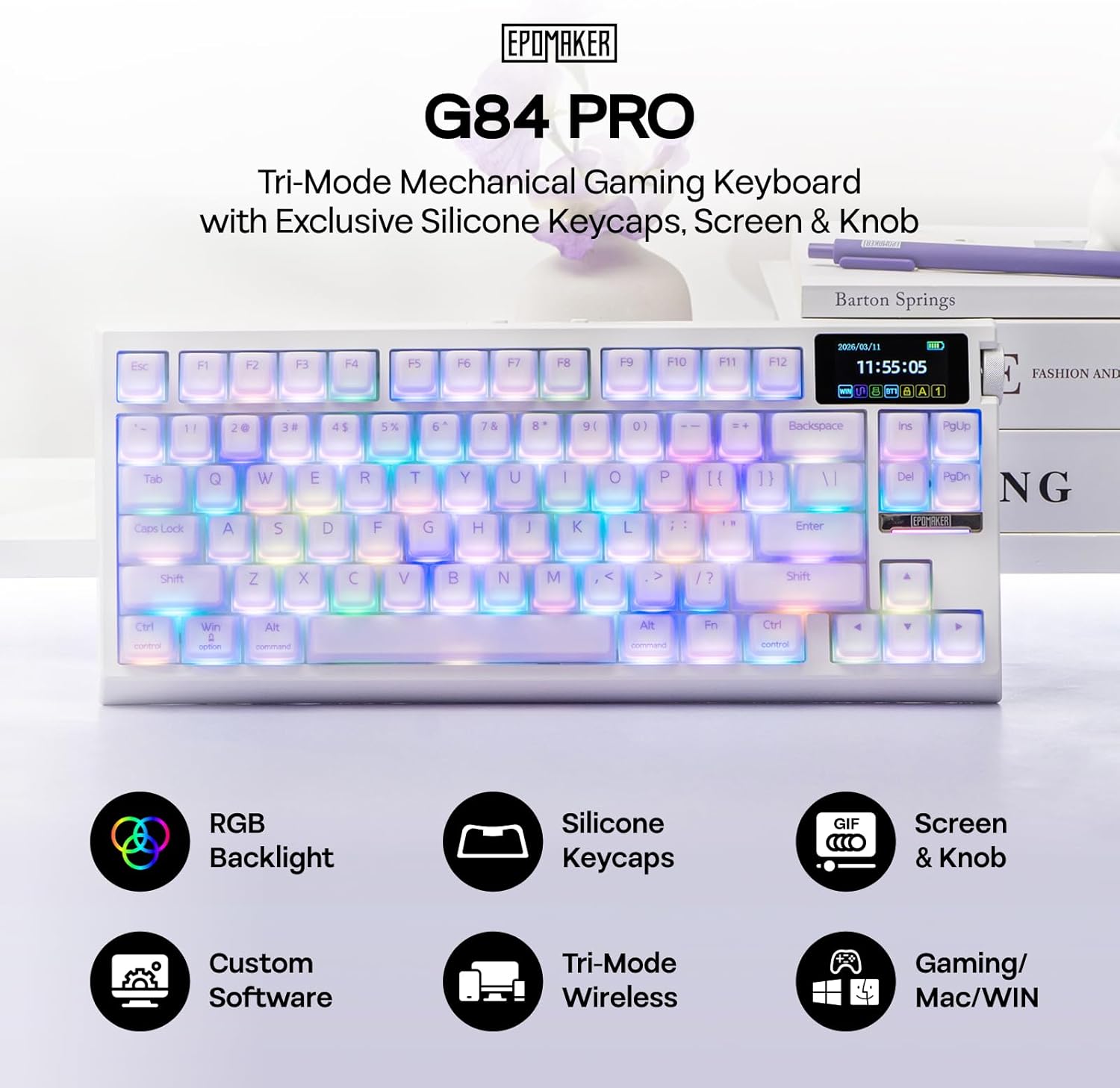 Thumbnail 1 de EPOMAKER G84 Pro Wireless Gaming Keyboard with Screen & Knob (75% Hot Swappable, 8000mAh, BT 5.0/2.4G/USB-C)