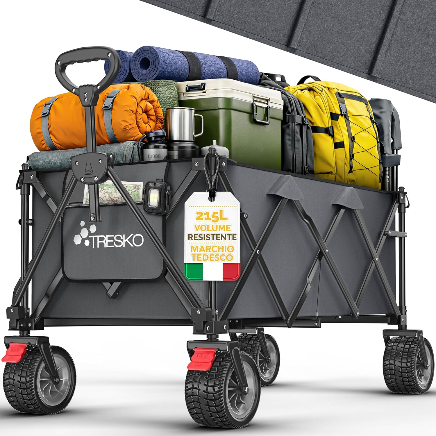 TRESKO Carrello pieghevole XXL 215 L con freno e pneumatici pieni – versatilità per spiaggia, campeggio e giardino