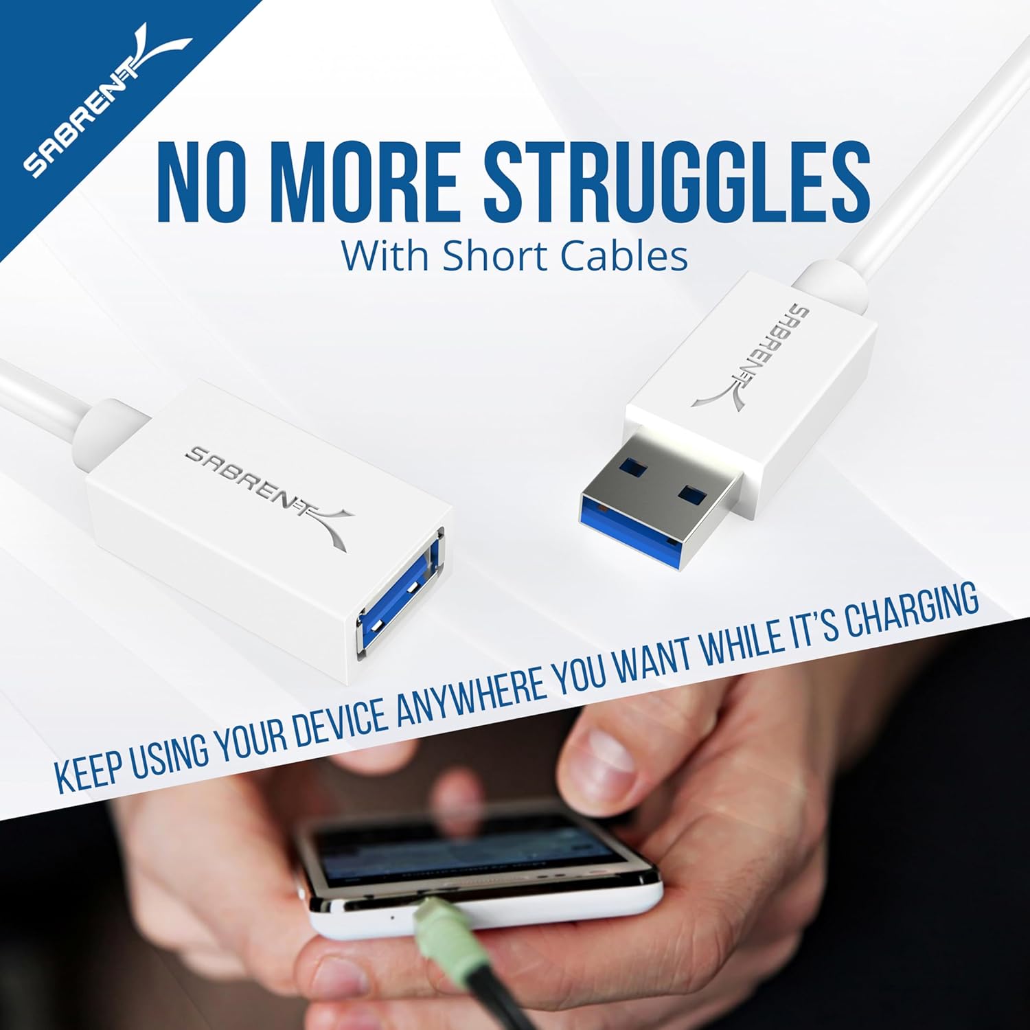 Thumbnail 6 de SABRENT 22AWG USB 3.0 Extension Cable A Male to A Female (3 Feet, White) CB-303W