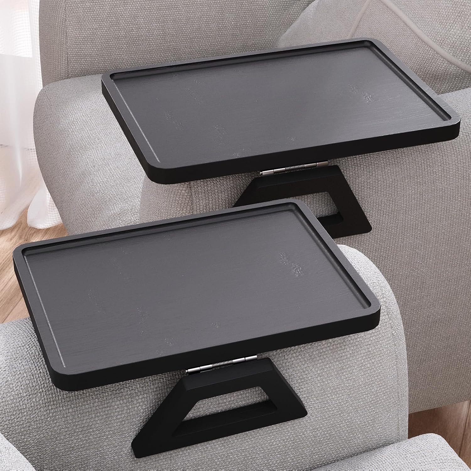 Detalle de Danfoxer 2-Pack Couch Arm Tray (Bamboo, Clip-On) for Drinks, Snacks, Phone & Remote