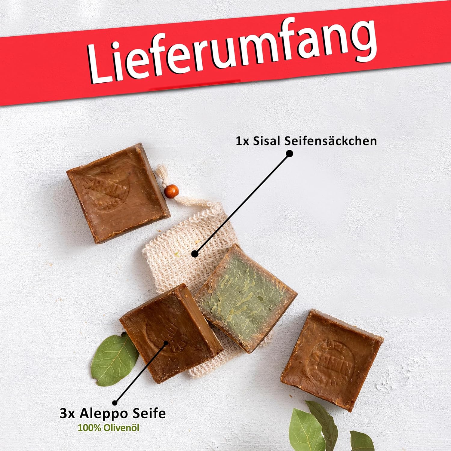 Detalle de Natura Germania Aleppo Seife - 3 x ca. 200 g, 100% Olivenöl + Sisal Seifensäckchen, Handarbeit vegan