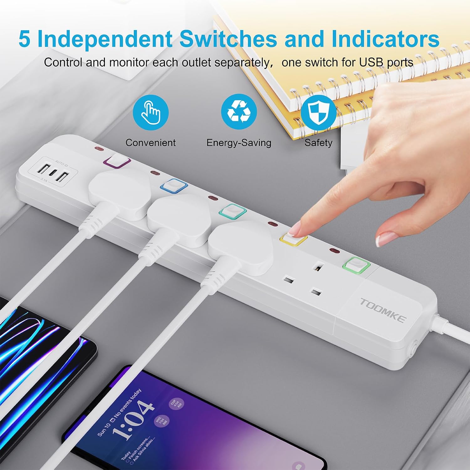Thumbnail 3 de Toomke Extension Lead 4 Way USB C with Mountable UK Plug