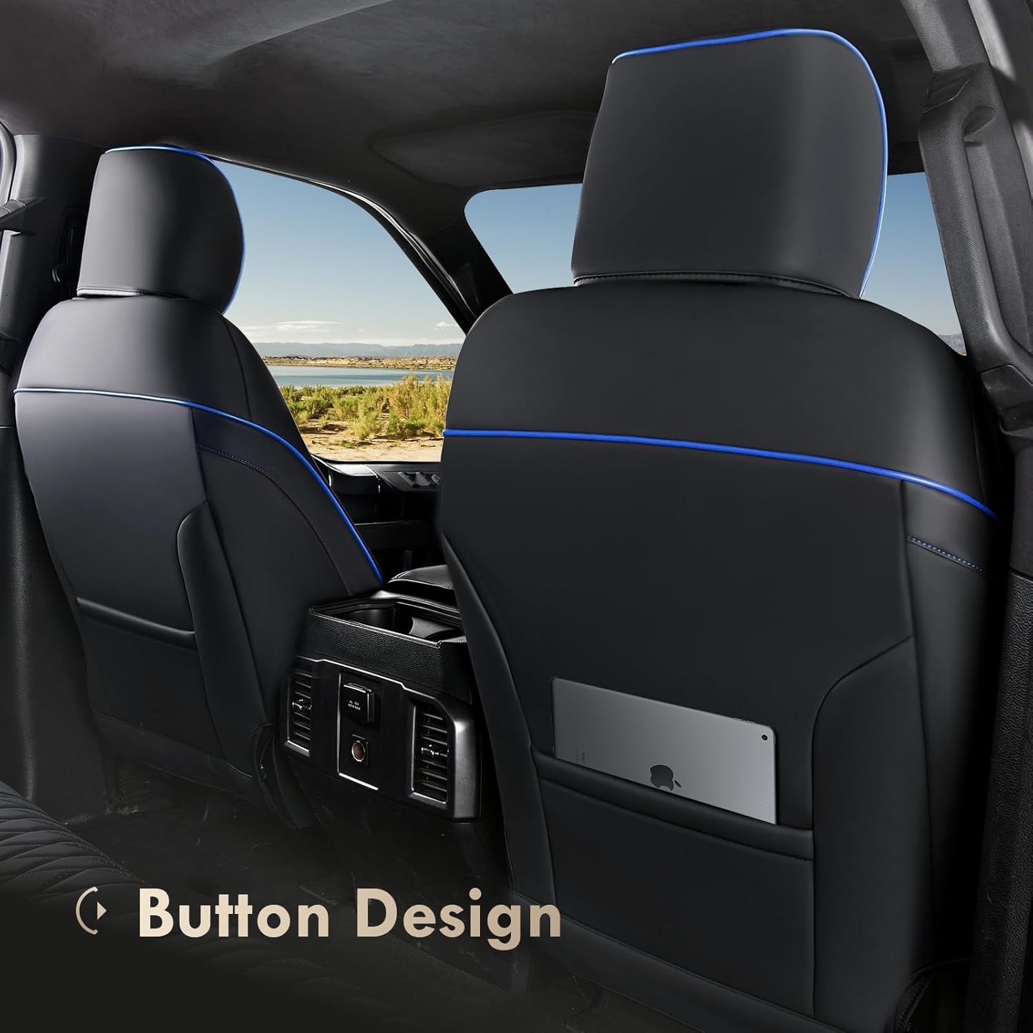 Thumbnail 2 de Coverado Leather Ford F-150 / F-250 / F-350 Seat Covers Full Set (Blue line) — Waterproof, Custom Fit for 2015-2026 Crew Cab