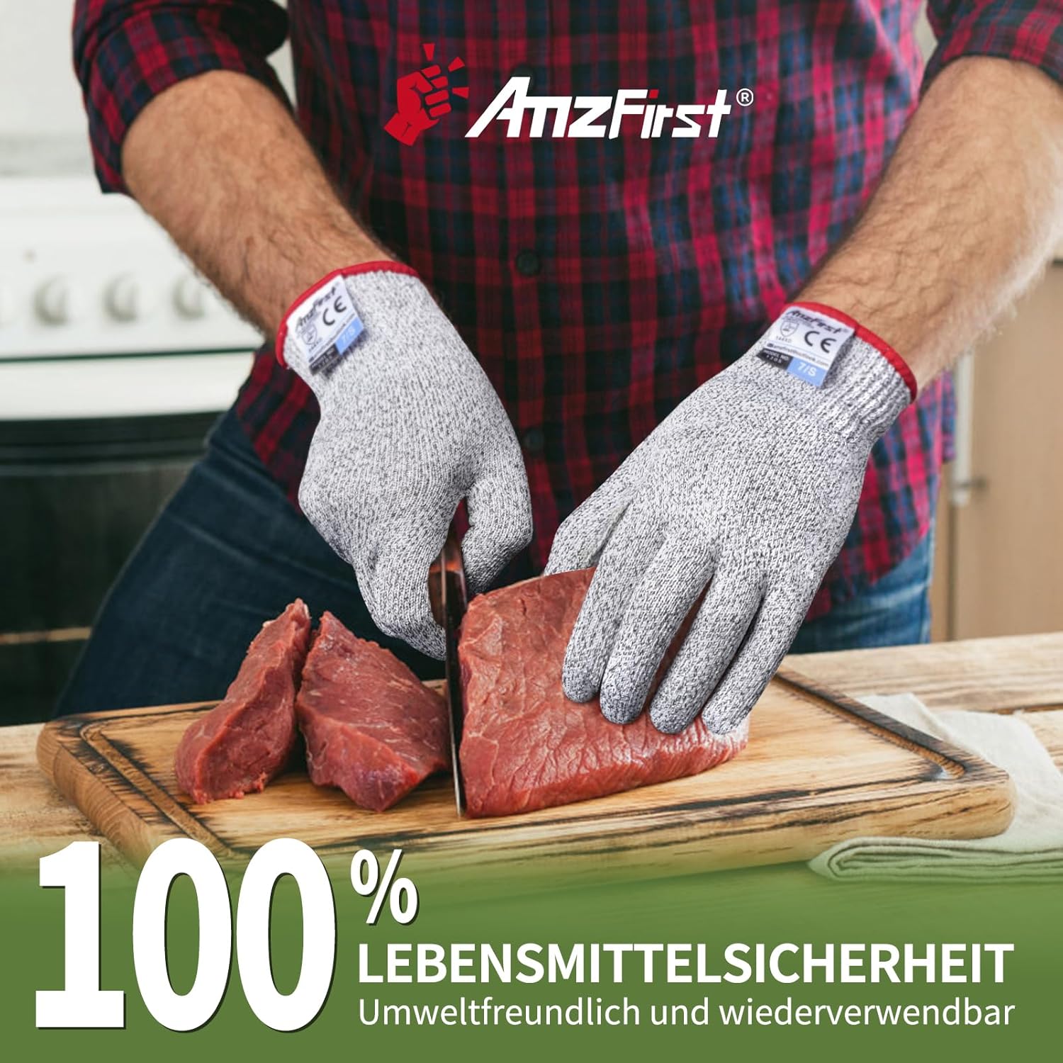 Detalle 2 de AmzFirst Schnittfeste Handschuhe – 2 Paar, Level 5 Schnittschutz, Lebensmittelkontaktqualität, Größe 8/M