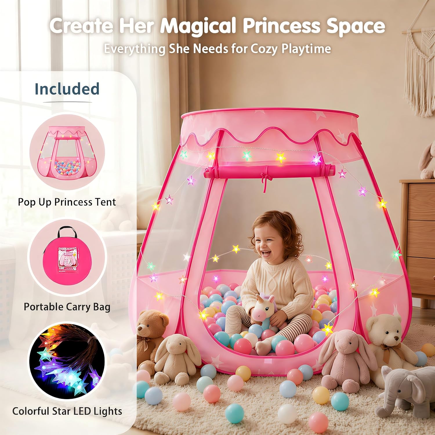 Detalle 2 de Pop Up Princess Tent with Star Lights 49.3in