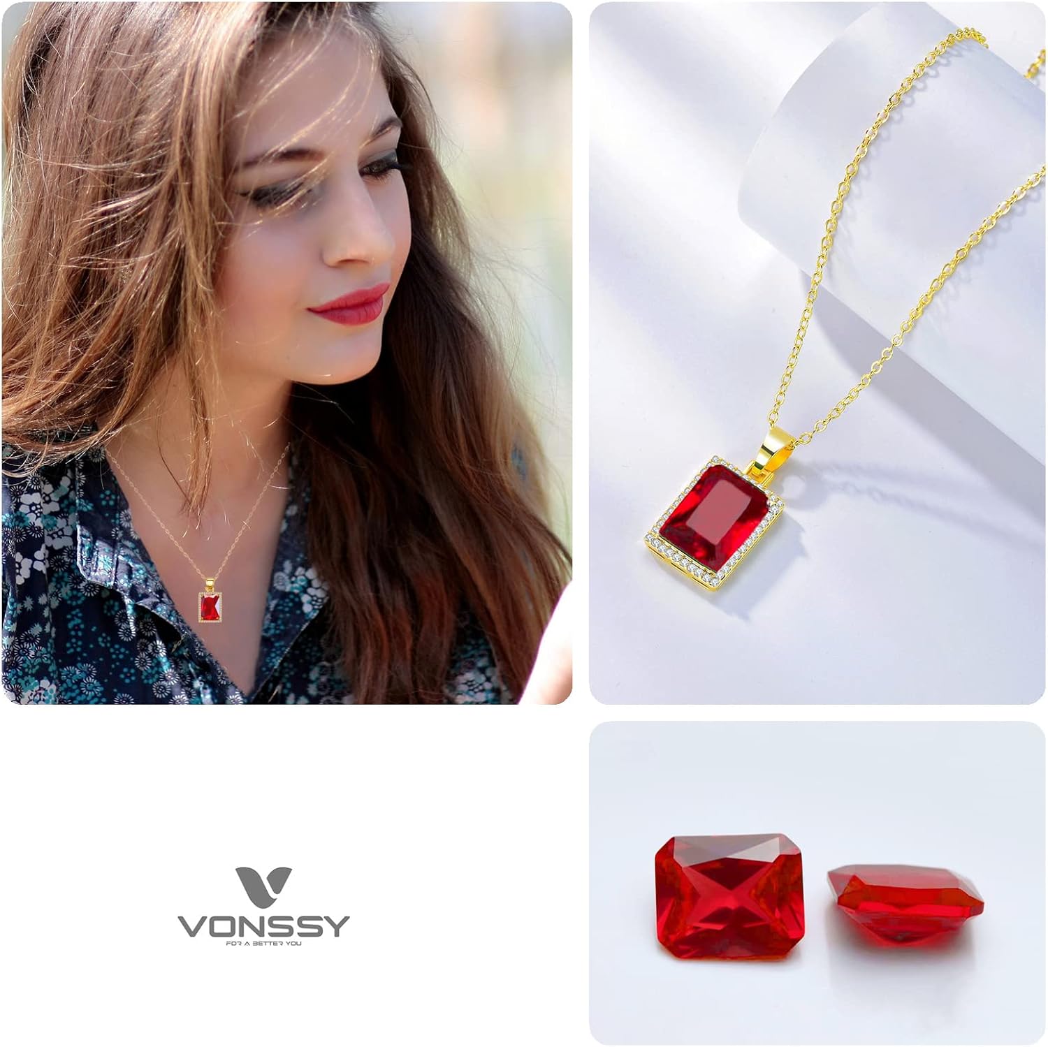 Thumbnail 4 de VONSSY Elegant Rectangle Gemstone Pendant 18"