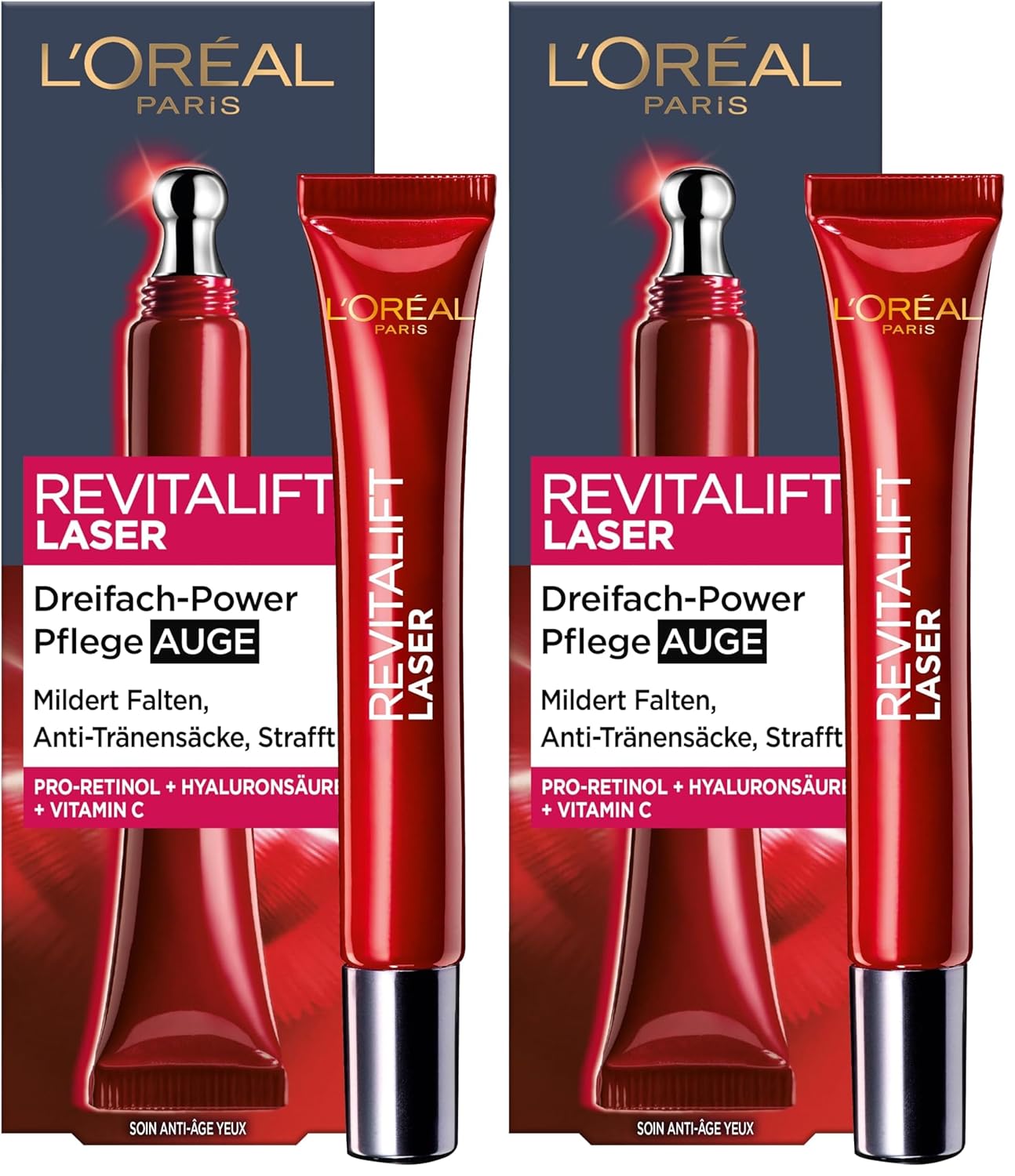 Detalle de L’Oréal Paris Revitalift Laser X3 Augenpflege mit 3-fach Wirkung – Anti-Aging Augencreme (Hyaluronsäure, 3% Pro-Xylan), 15 ml (Packung mit 2)