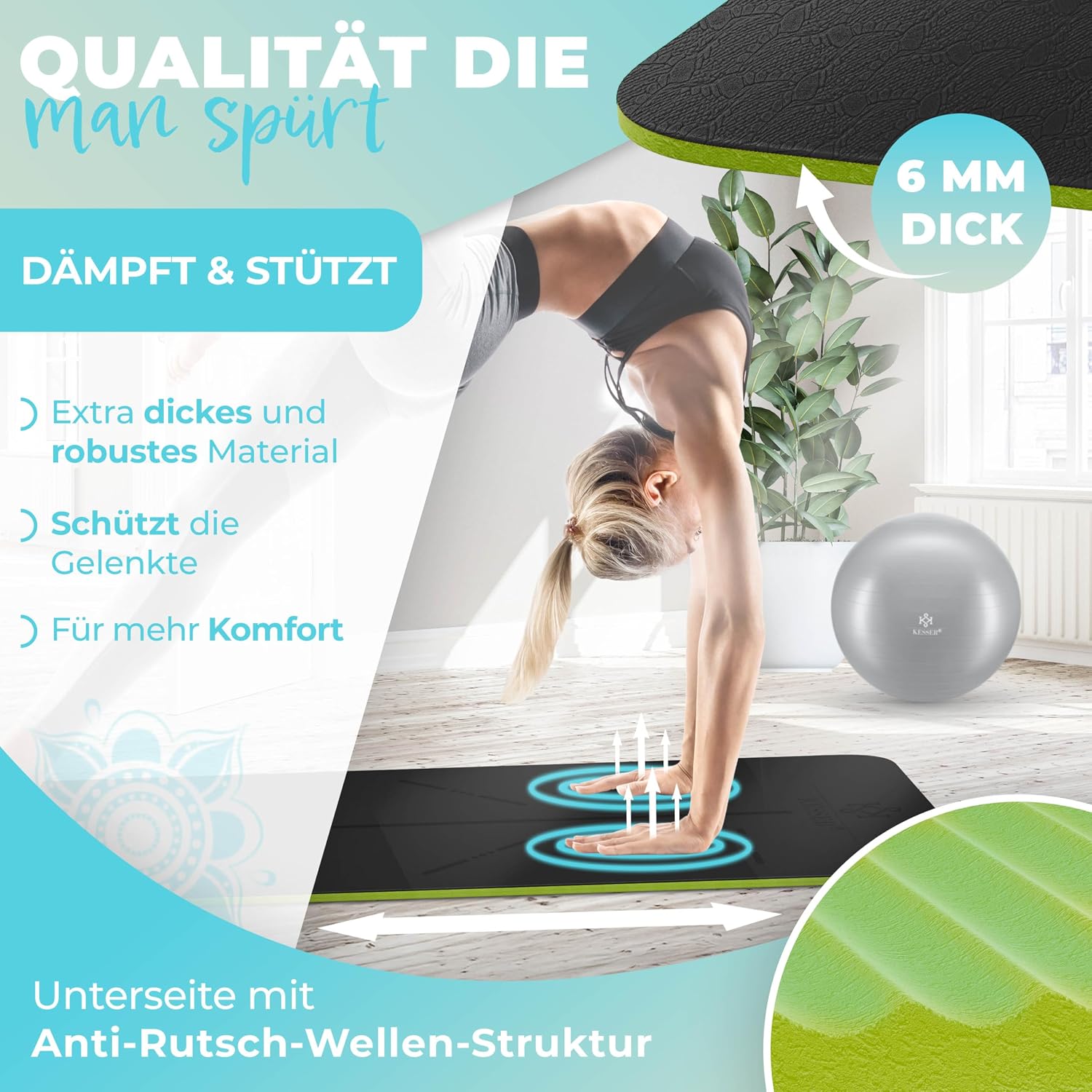 Thumbnail 2 de KESSER® Gymnastikmatte mit Tragegurt – rutschfeste TPE Fitness-/Yogamatte, 183 x 61 cm