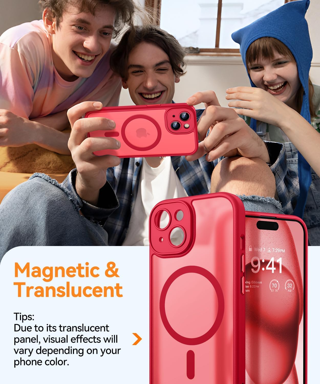 Thumbnail 2 de CANSHN Coque Magnétique pour iPhone 15 Plus 6,7'' – Protection complète de l’appareil photo et finition matte translucide en Rouge