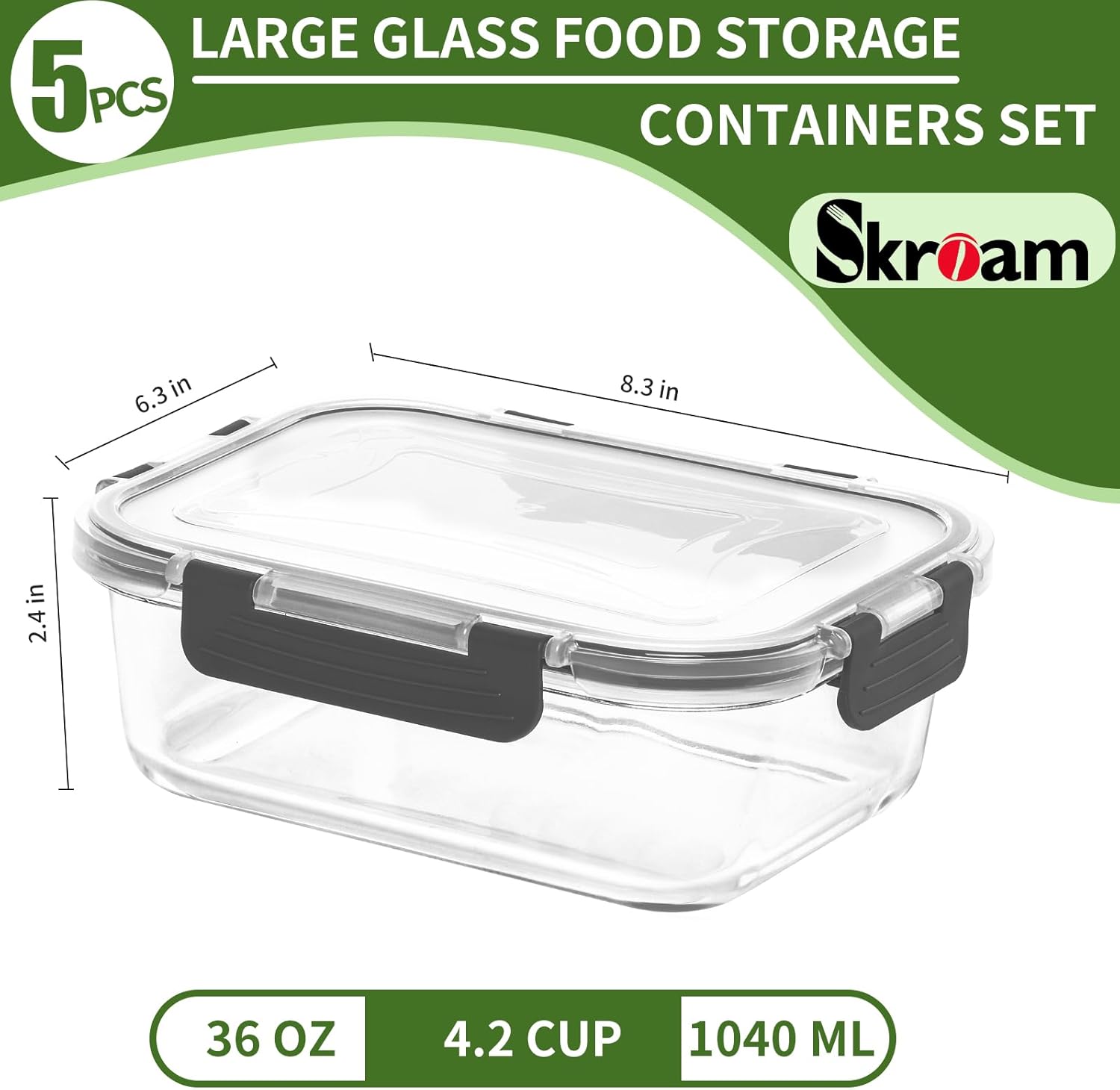 Detalle 2 de Skroam 36oz glass meal prep containers 5-pack 🍱