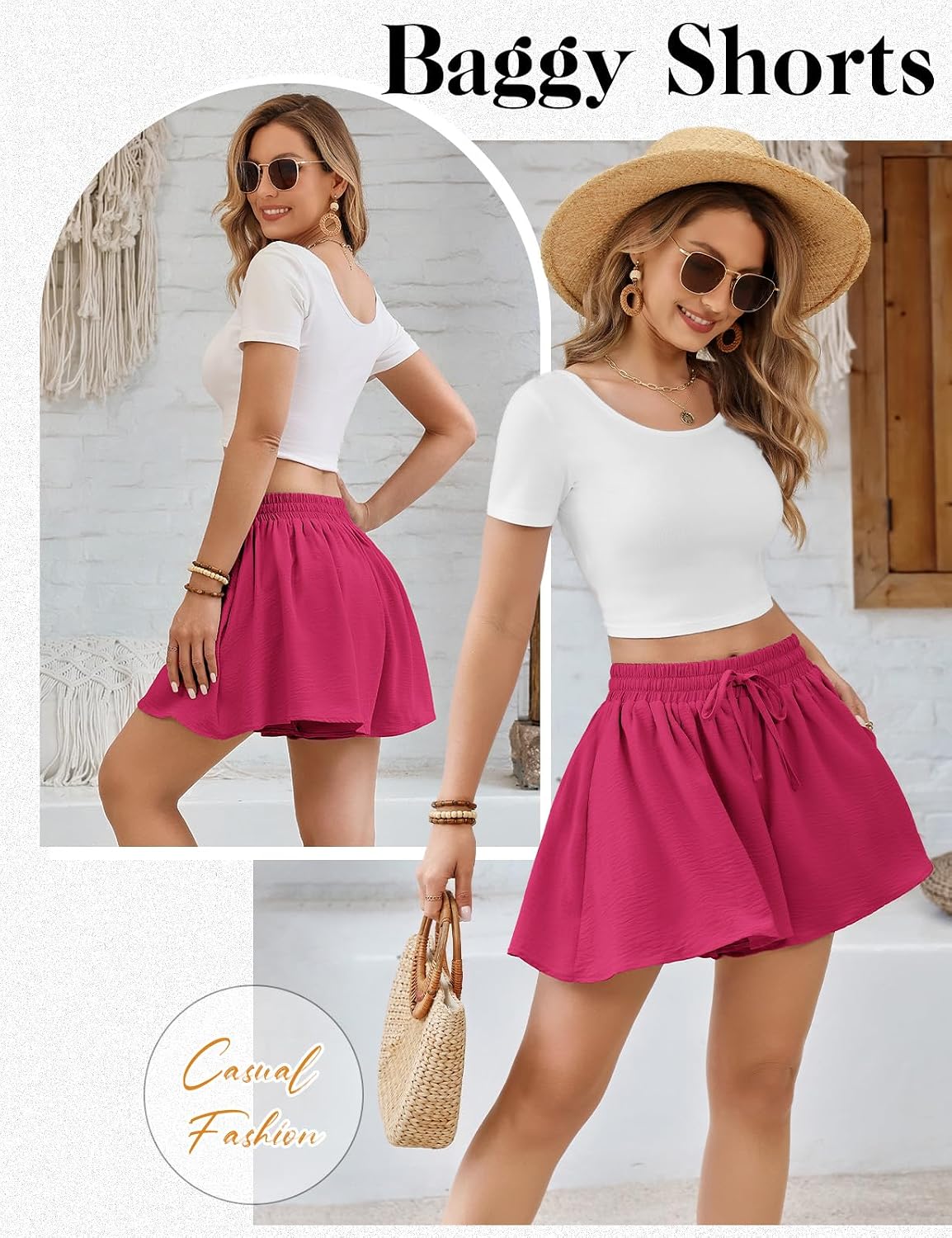 Detalle de Fashora Women's Shorts Summer Casual Loose Flowy Pleated Shorts with Elastic High Waist Drawstring and Pockets