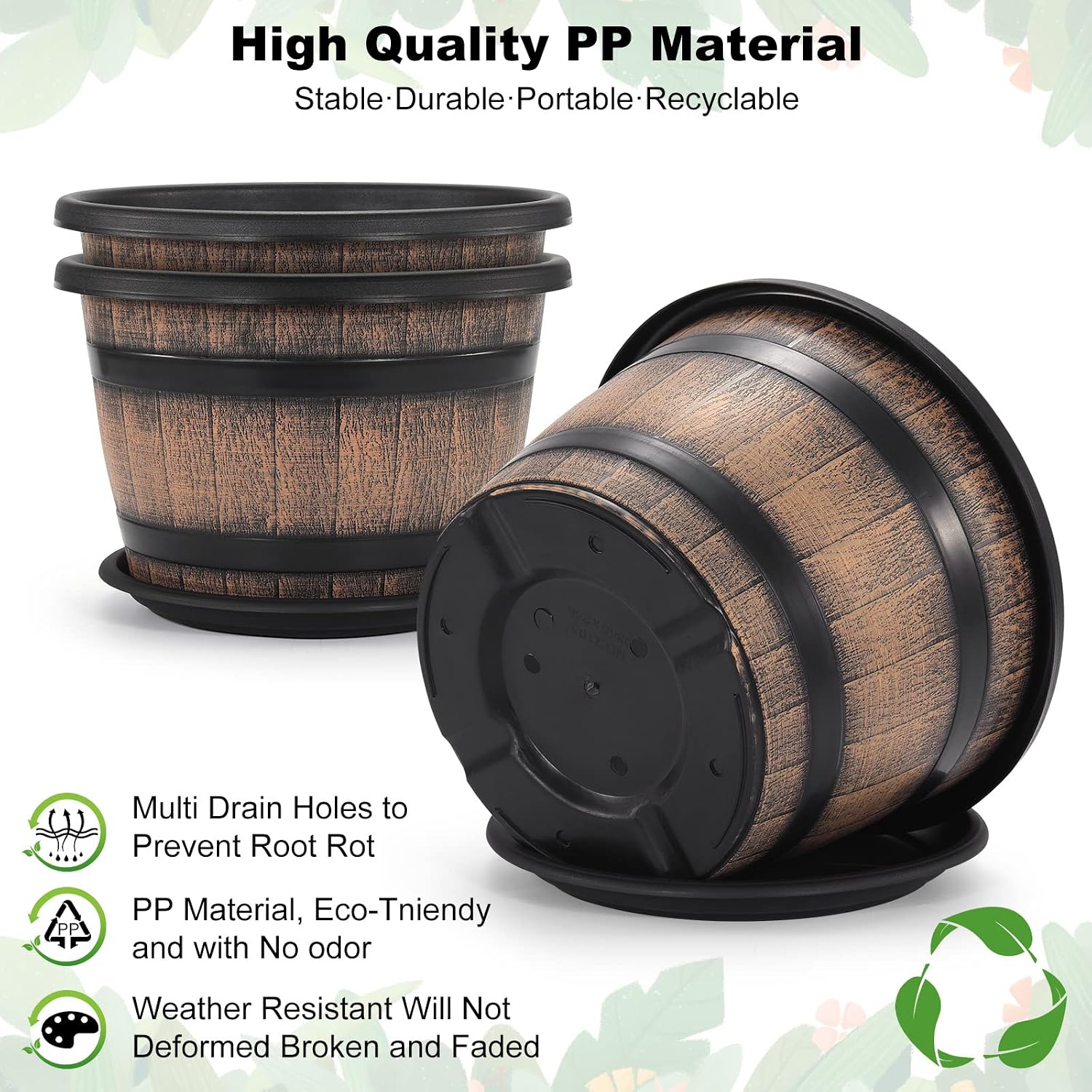 Detalle de Quarut JND-88-22 14-Inch Plastic Whiskey Barrel Planters, 4-Pack with Saucers