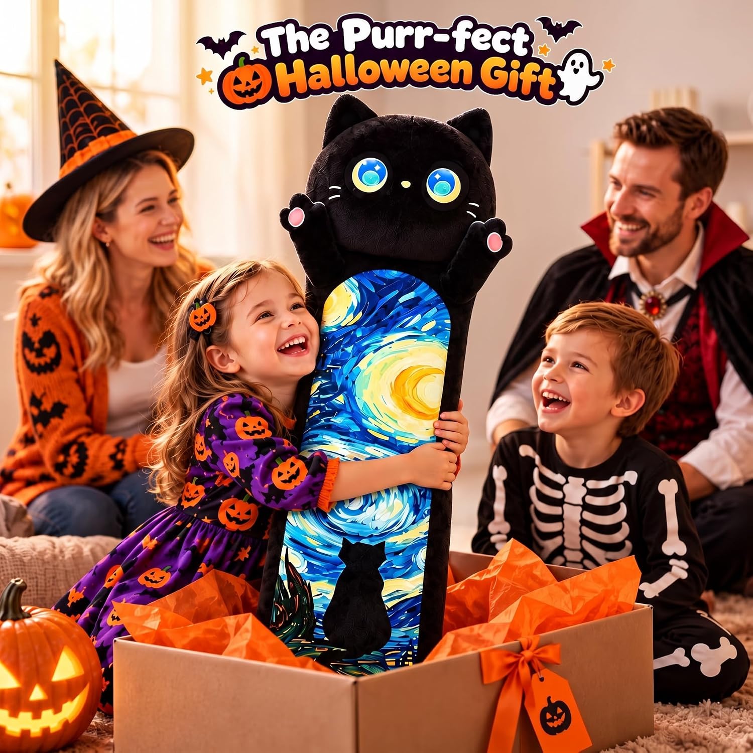 Detalle de Mewaii Long Cat Plush 5 Sizes (120% Extra Filling) Giant Long Body Pillow — Kawaii Black Starry Cat