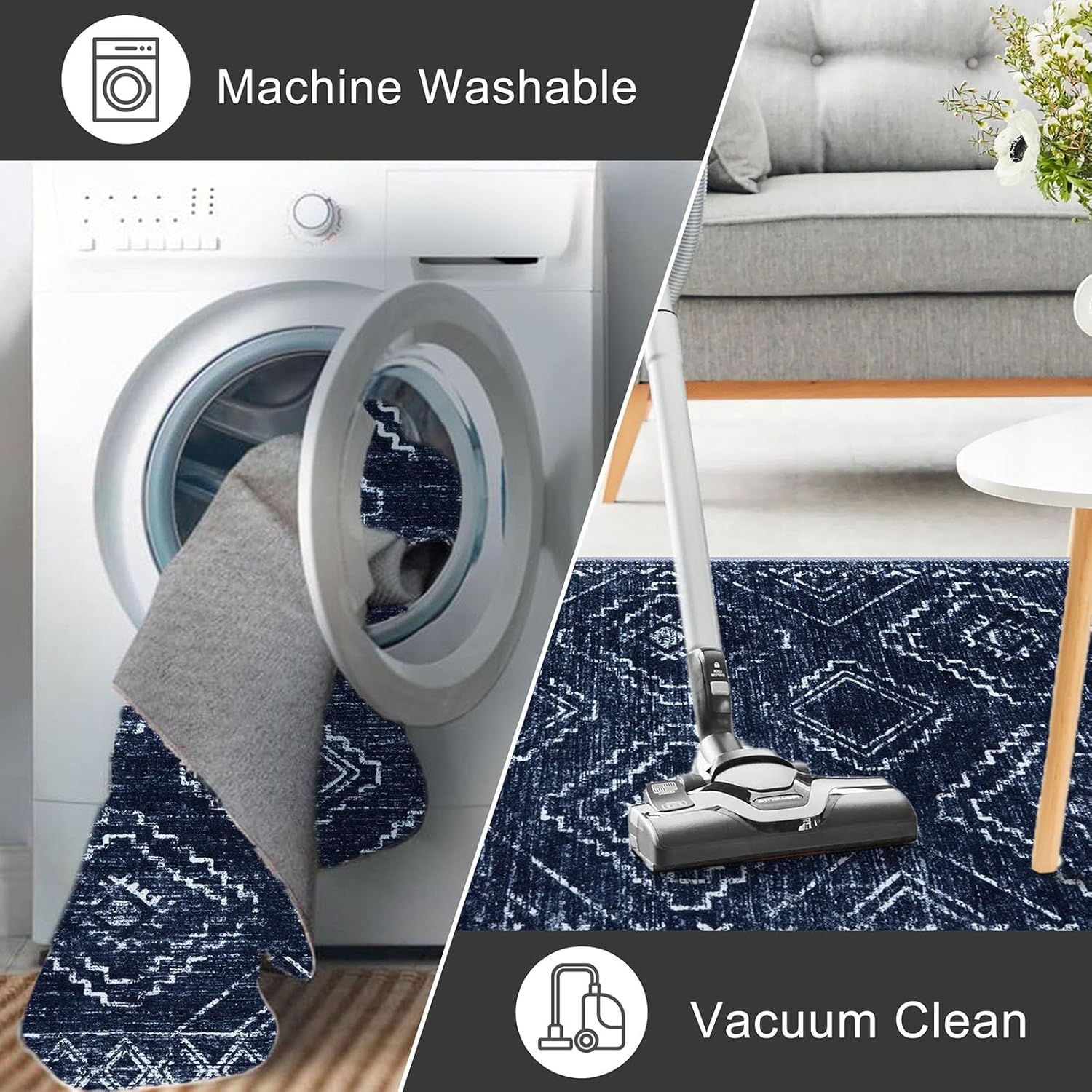 Thumbnail 6 de KILOCOCO Boho Entryway Rug 2x3 (Dark Blue Geometric) — Machine Washable Non-Slip Kitchen & Door Mat