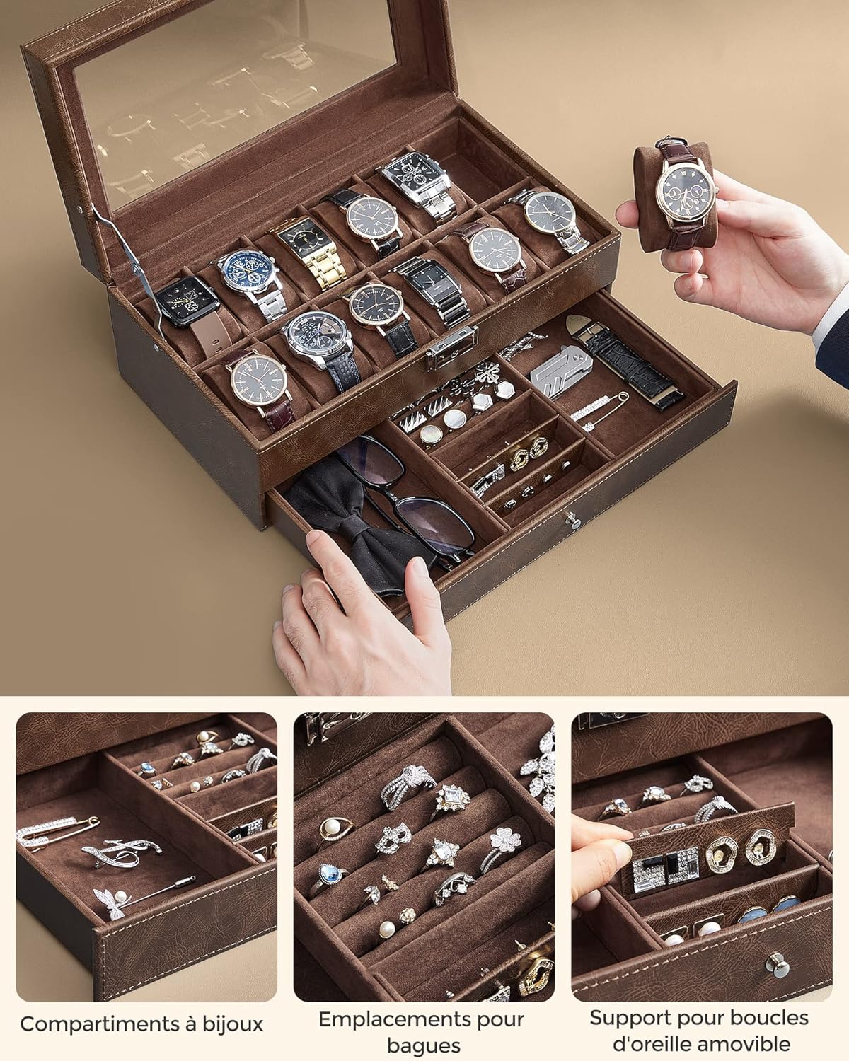 Detalle de SONGMICS Boîte à Montres 12 Emplacements JWB012K01V1 – Coffret à Montres à deux niveaux avec couvercle en verre