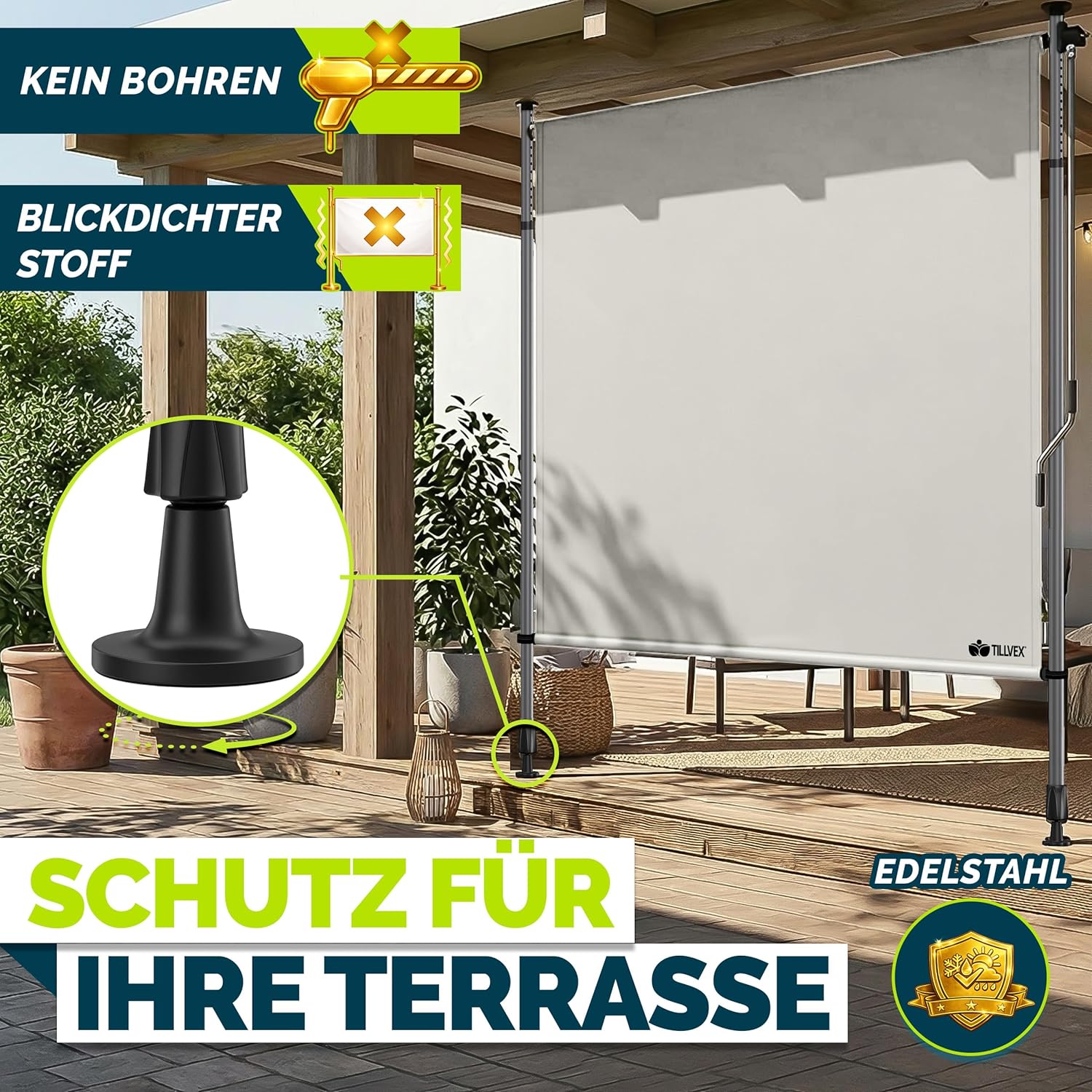 Thumbnail 3 de tillvex Klemmmarkise Senkrechtmarkise – Vertikale Markise für Balkon/ Terrasse 100x310 cm (Beige)
