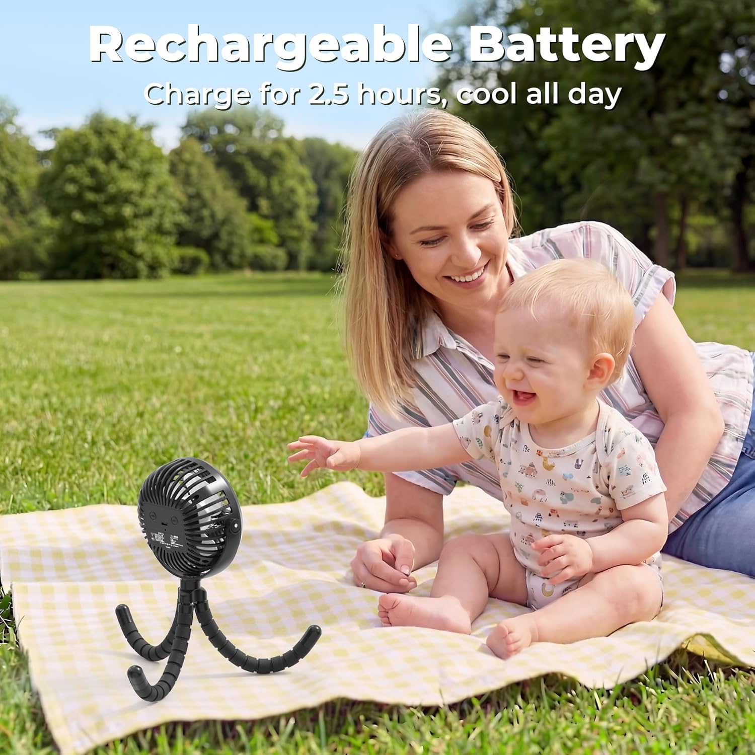 Detalle 2 de AMACOOL Pram Fan (Battery Operated) Clip-On with Flexible Tripod, 3 Speeds & Rotatable Head – Black