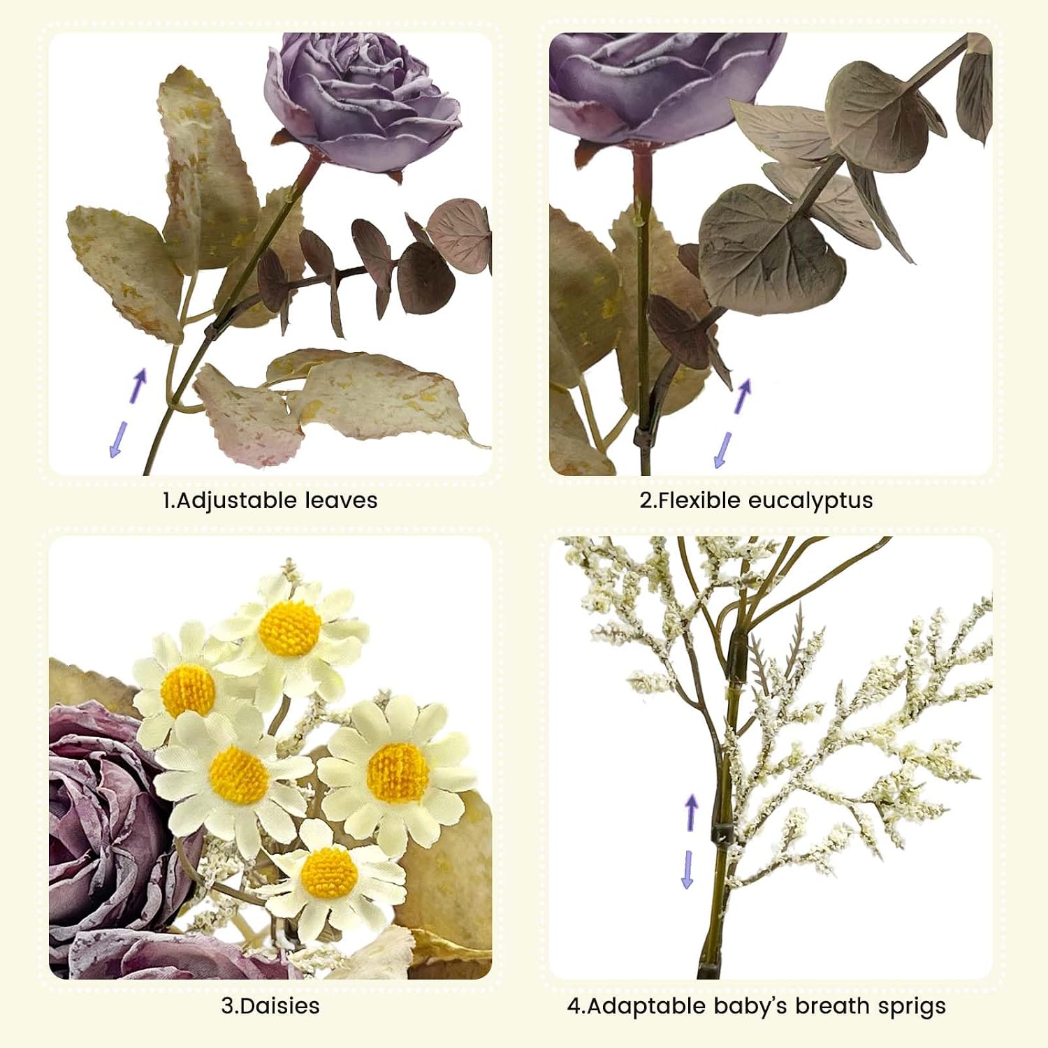Thumbnail 6 de Daily Treasures Vintage Dry Flower Bouquet Set – Fire-Roasted Rose with Daisies, Autumn Purple, 30cm