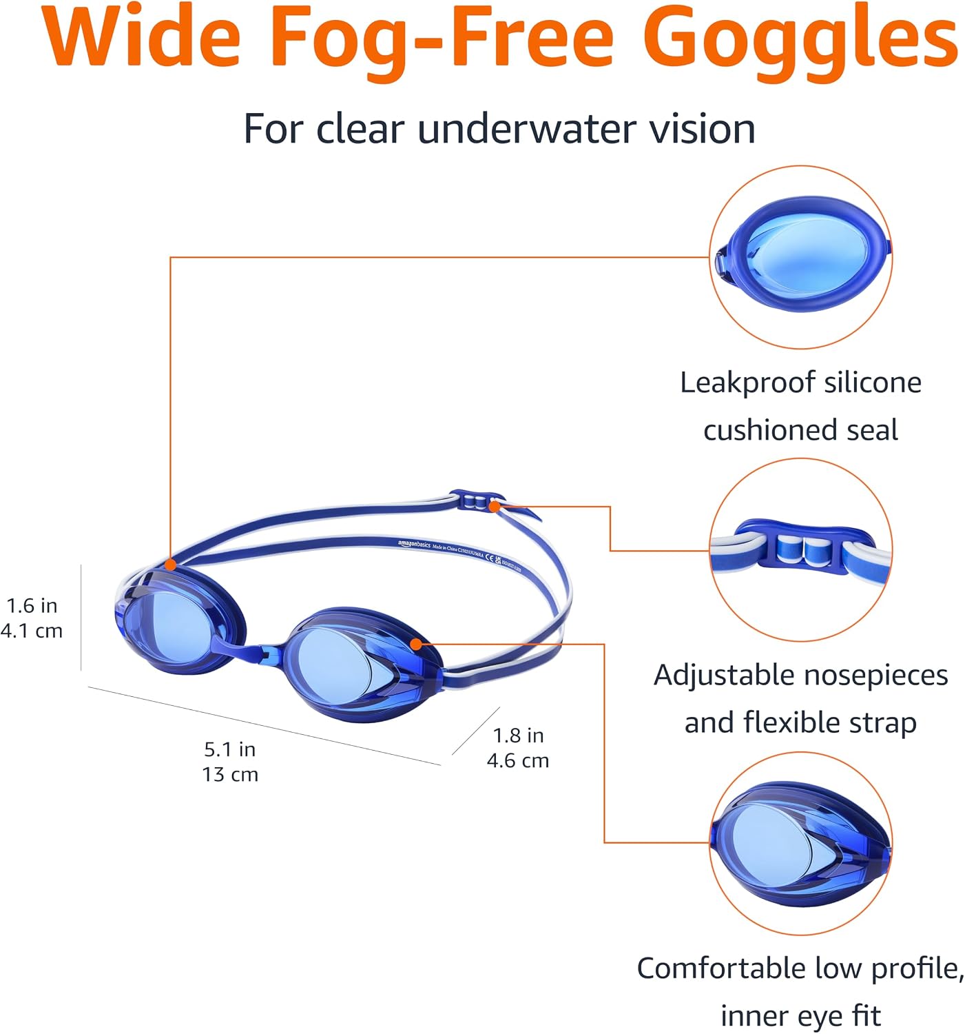 Thumbnail 1 de Amazon Basics Unisex Swim Goggles for Adults with Anti-Fog, Wide View, and 4 Interchangeable Nosepieces