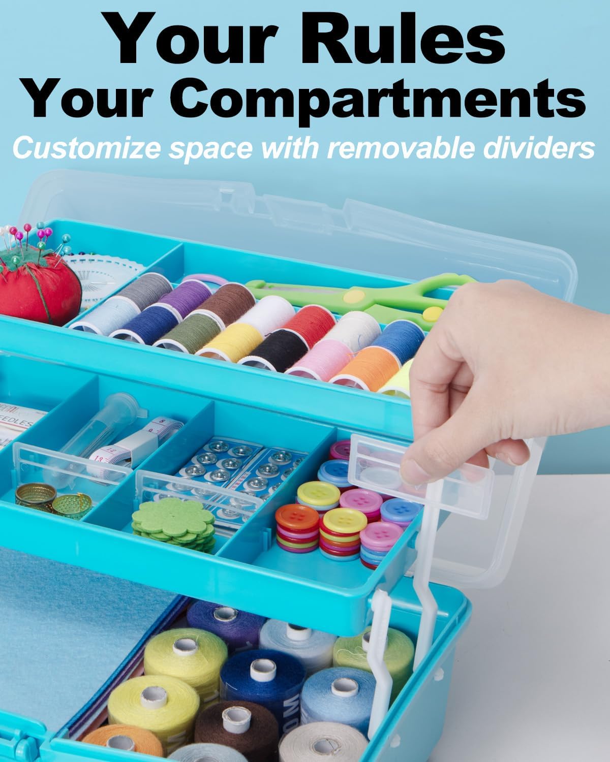 Detalle de TERGOO 3 trays box 12-Inch 3-Layer Organizer with Adjustable Dividers, Blue