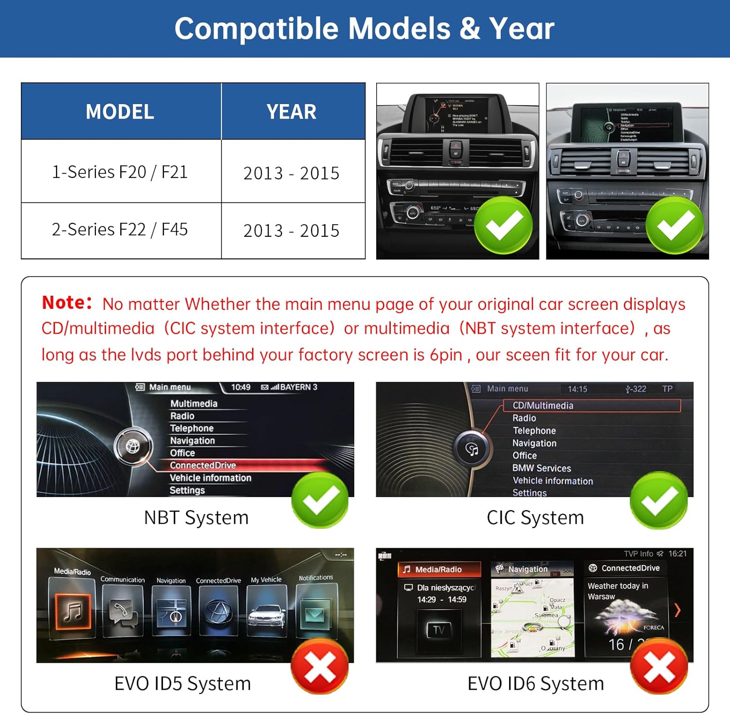 Detalle de Road Top 12.3 Inch Ultra-Narrow CarPlay Screen Upgrade for BMW 1 Series F20/F21 and 2 Series F22 (2013-2015)