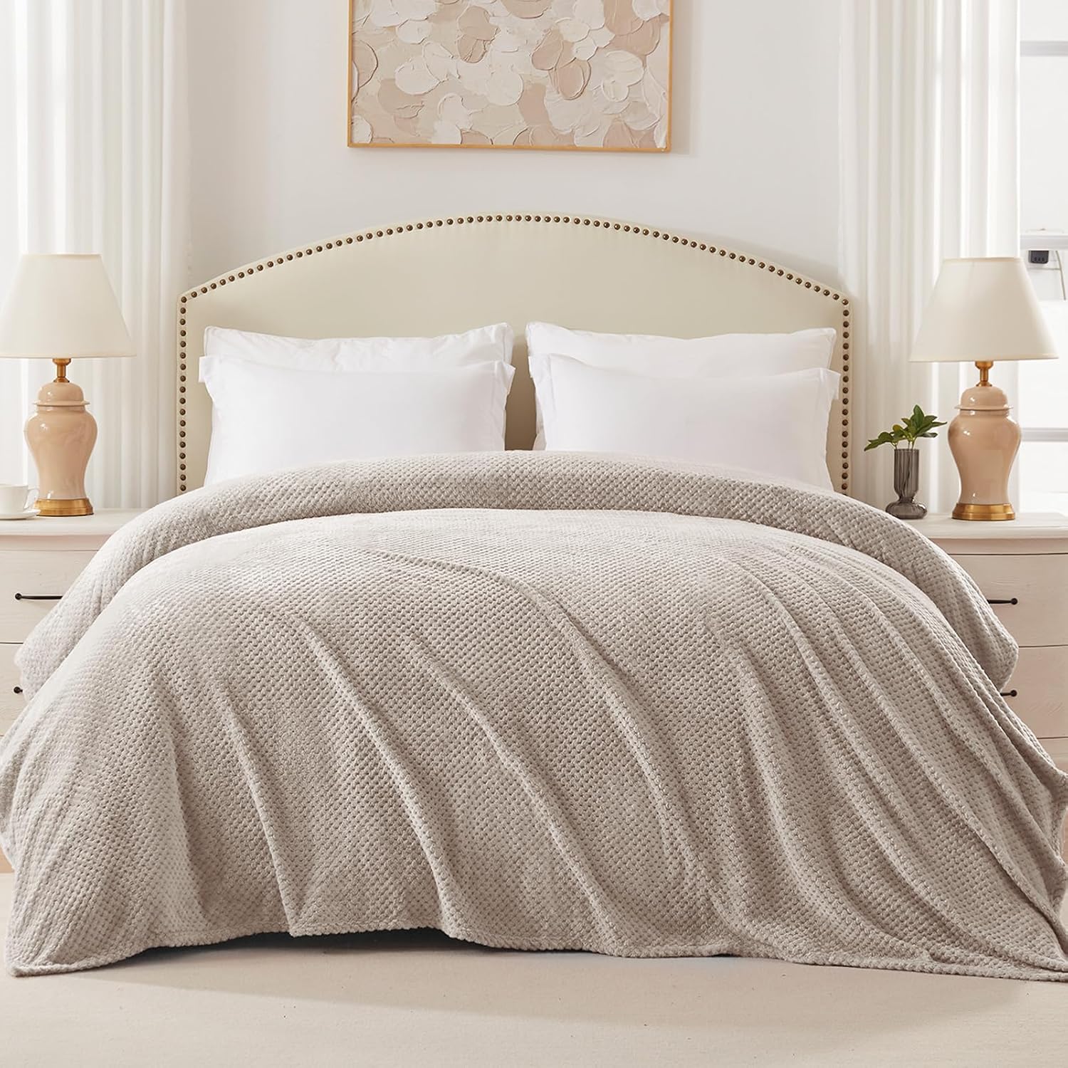 Detalle de Plaid couverture polaire extra large façon gaufrée Camel (220x240 cm) – doux et chaud pour canapé et lit