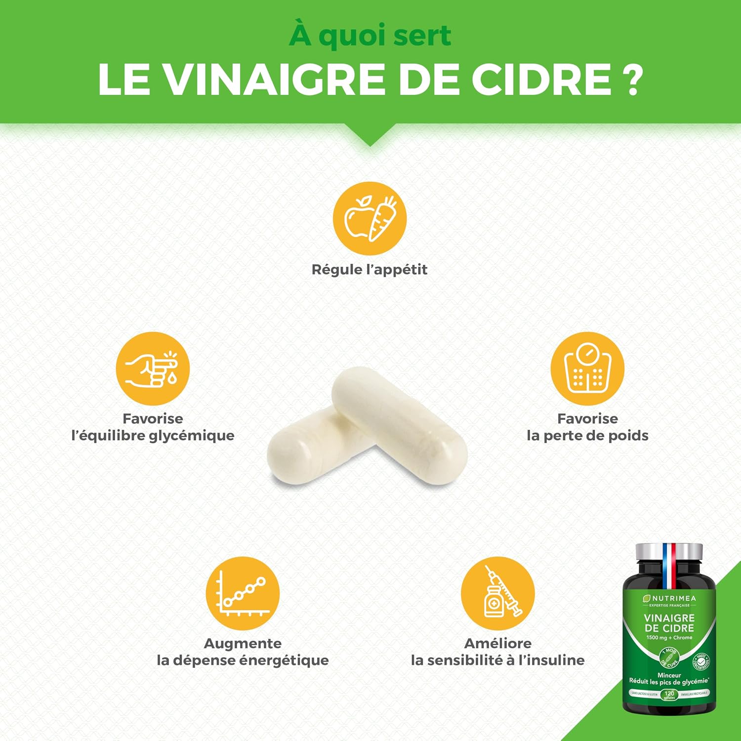 Detalle de Laboratoires Nutrimea – Vinaigre de cidre 1500 mg avec chrome – 120 gélules vegan