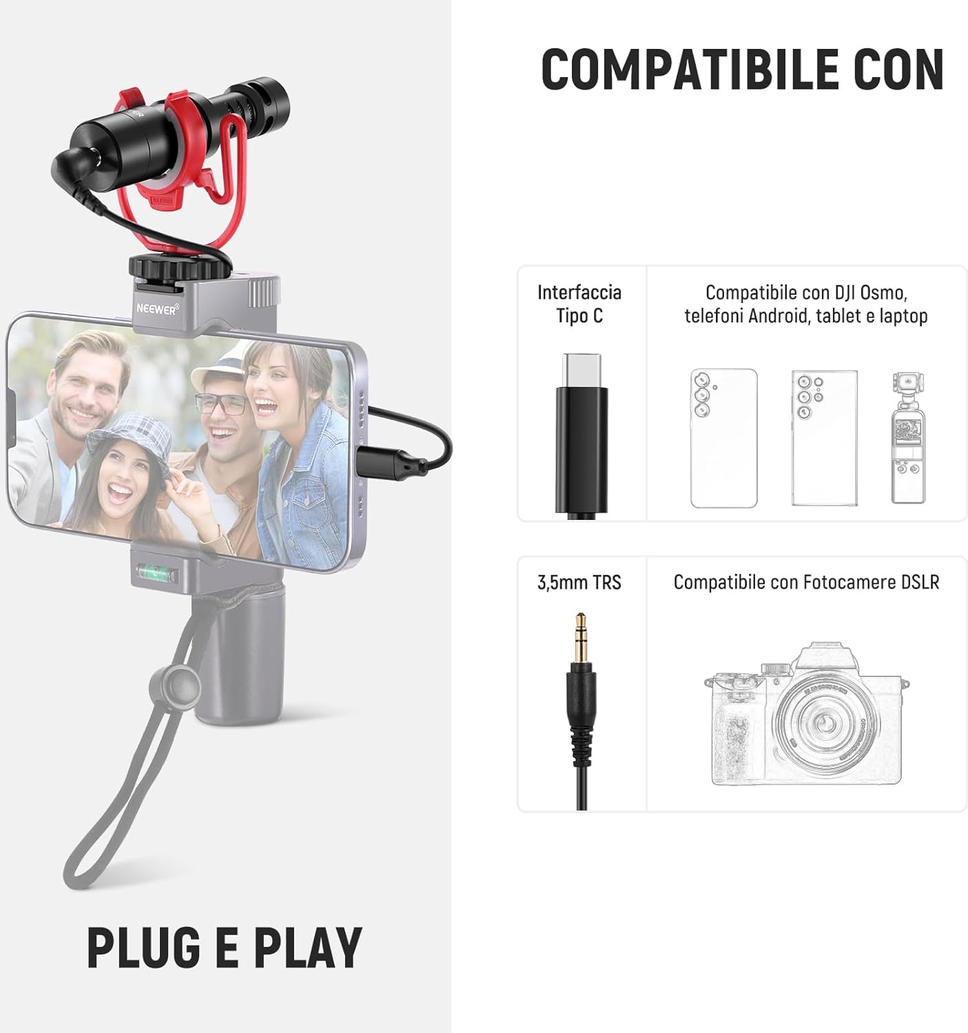 Detalle de Neewer Microfono Vlog Plug & Play mini supercardioide TRS 3,5 mm + USB‑C OTG