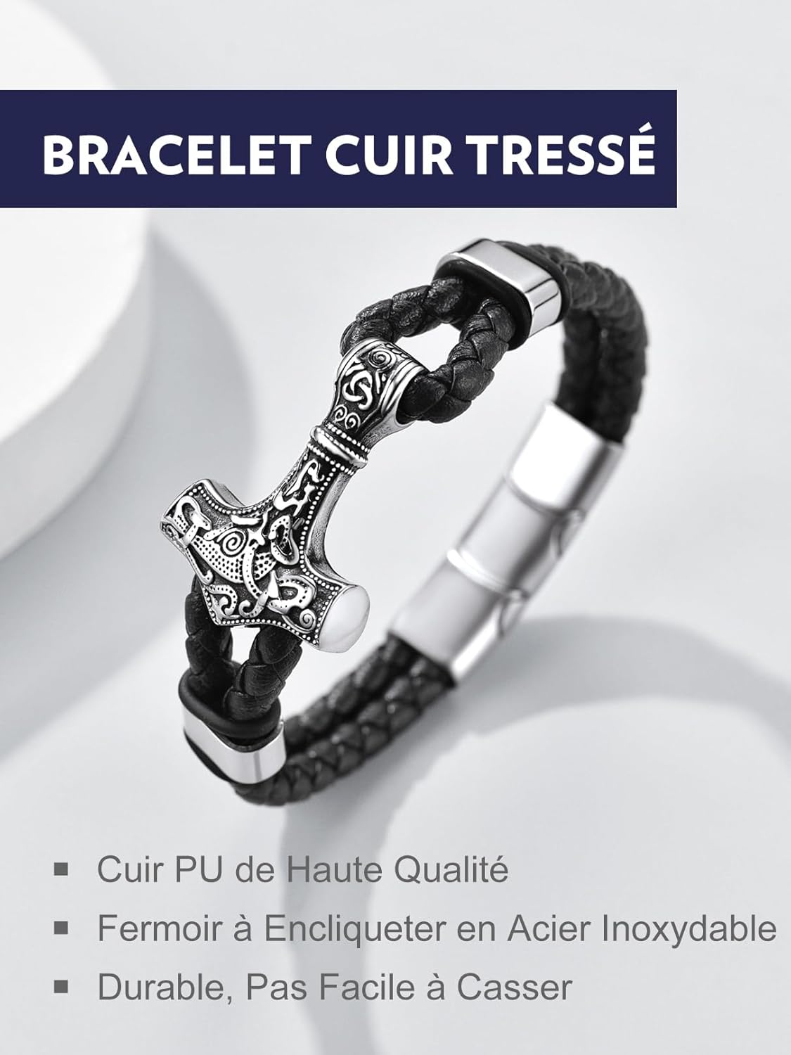 Thumbnail 4 de Bandmax Bracelet homme en cuir PU tressé noir avec manchette marteau (21 cm/23 cm) – fermoir ajustable