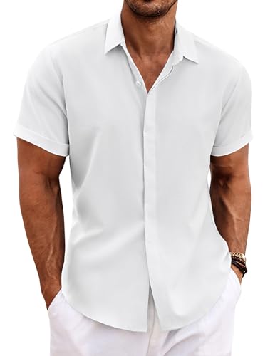 Detalle de COOFANDY Herren Leinen Kurzarm Hemd Button-Down, A-Weiss, Größe L
