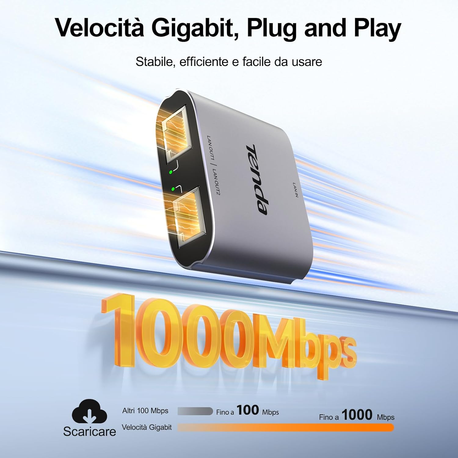 Thumbnail 2 de Tenda SG103M: Splitter Ethernet Gigabit 1→2, RJ45, 2 porte 1000 Mbps, alluminio, Plug & Play