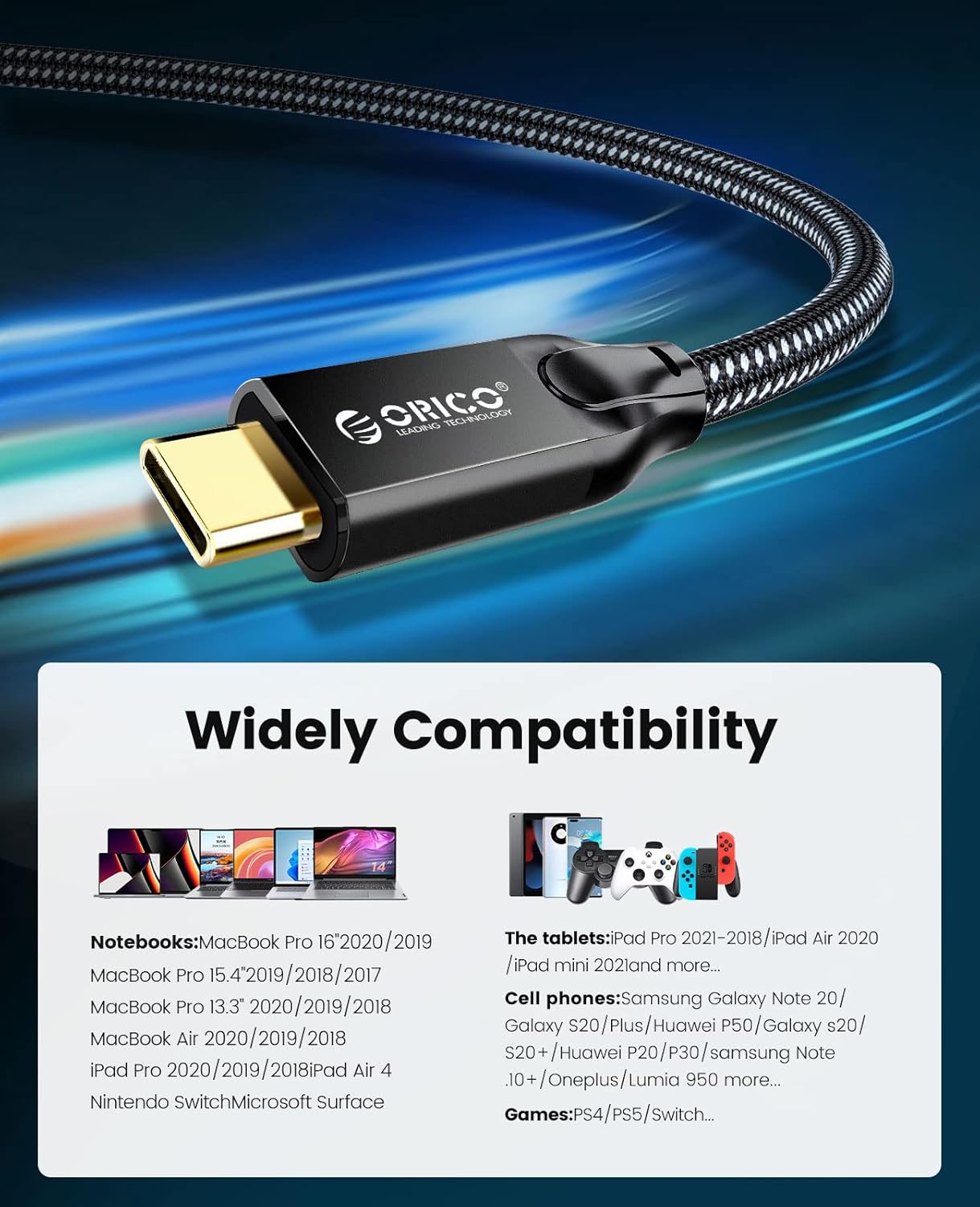 Thumbnail 6 de ORICO USB-C Kabel 20 Gbps Gen2x2, 2 m, 100 W PD3.0, USB-C zu USB-C – 4K@60 Hz kompatibel