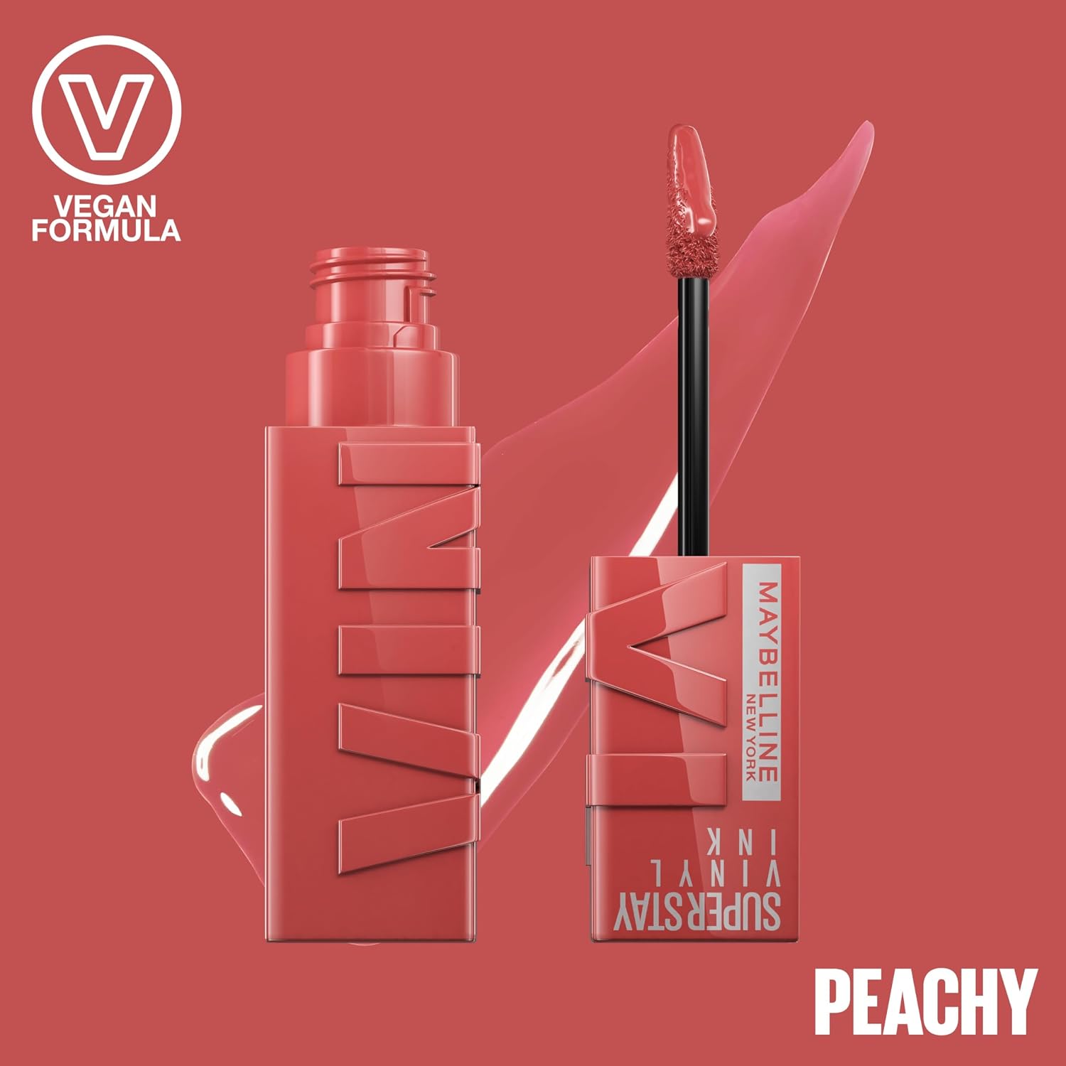 Detalle de Maybelline New York Super Stay Vinyl Ink Flüssiger Lippenstift 16H Halt & Glanz – Nuance 15 Peachy (4,2 ml)
