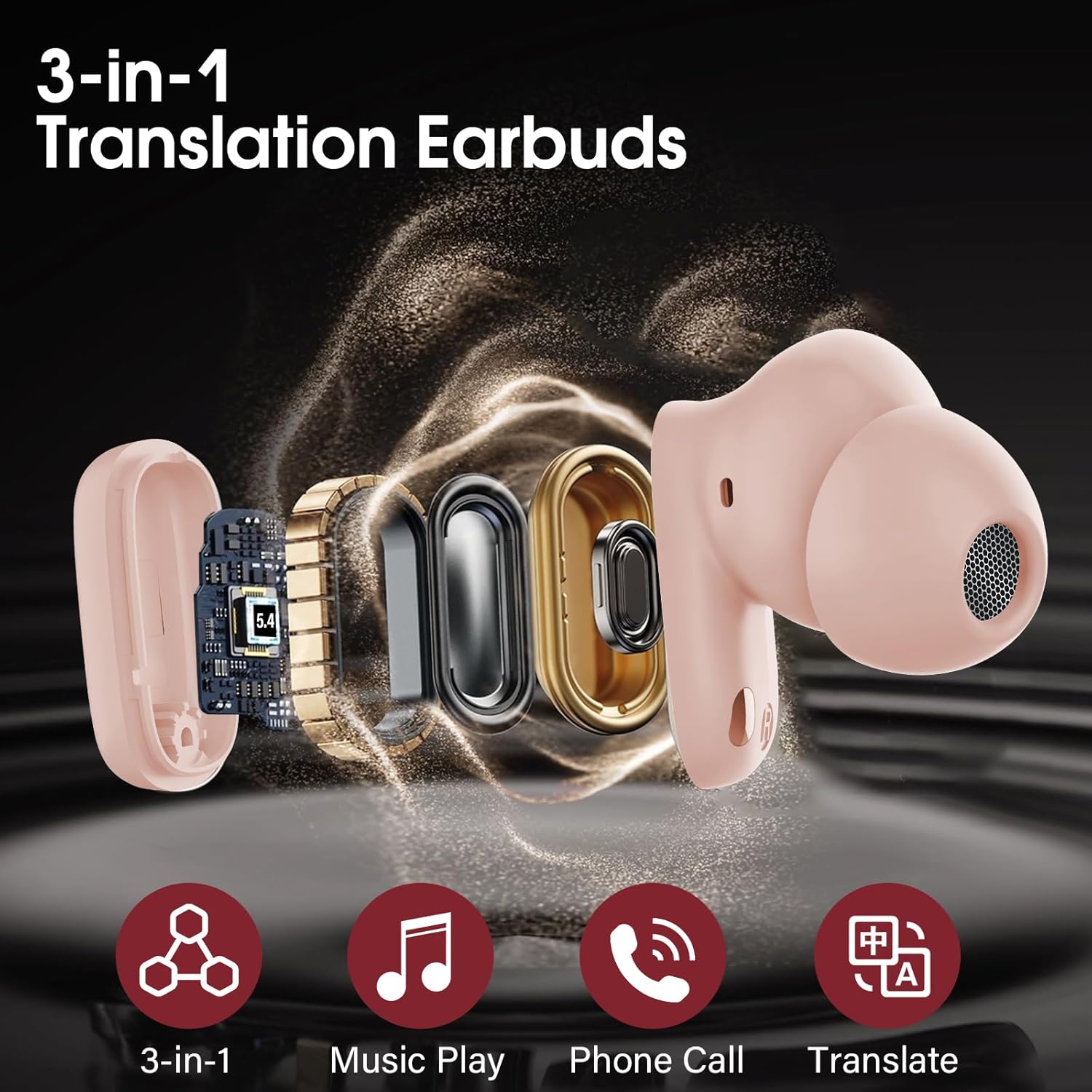 Thumbnail 3 de Ecouteur Traducteur Instantané H63 – 164 langues, Bluetooth 5.4, 40 h d’autonomie, Or rose