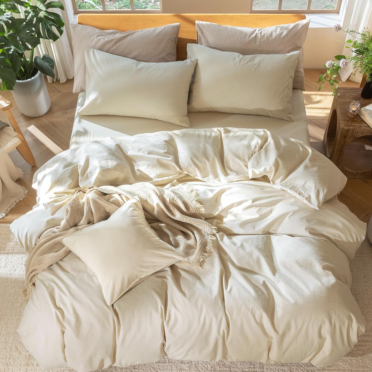 Detalle de MooMee 100% Washed Cotton Duvet Cover Set in Almond Milk Gray (King, 104 x 90)