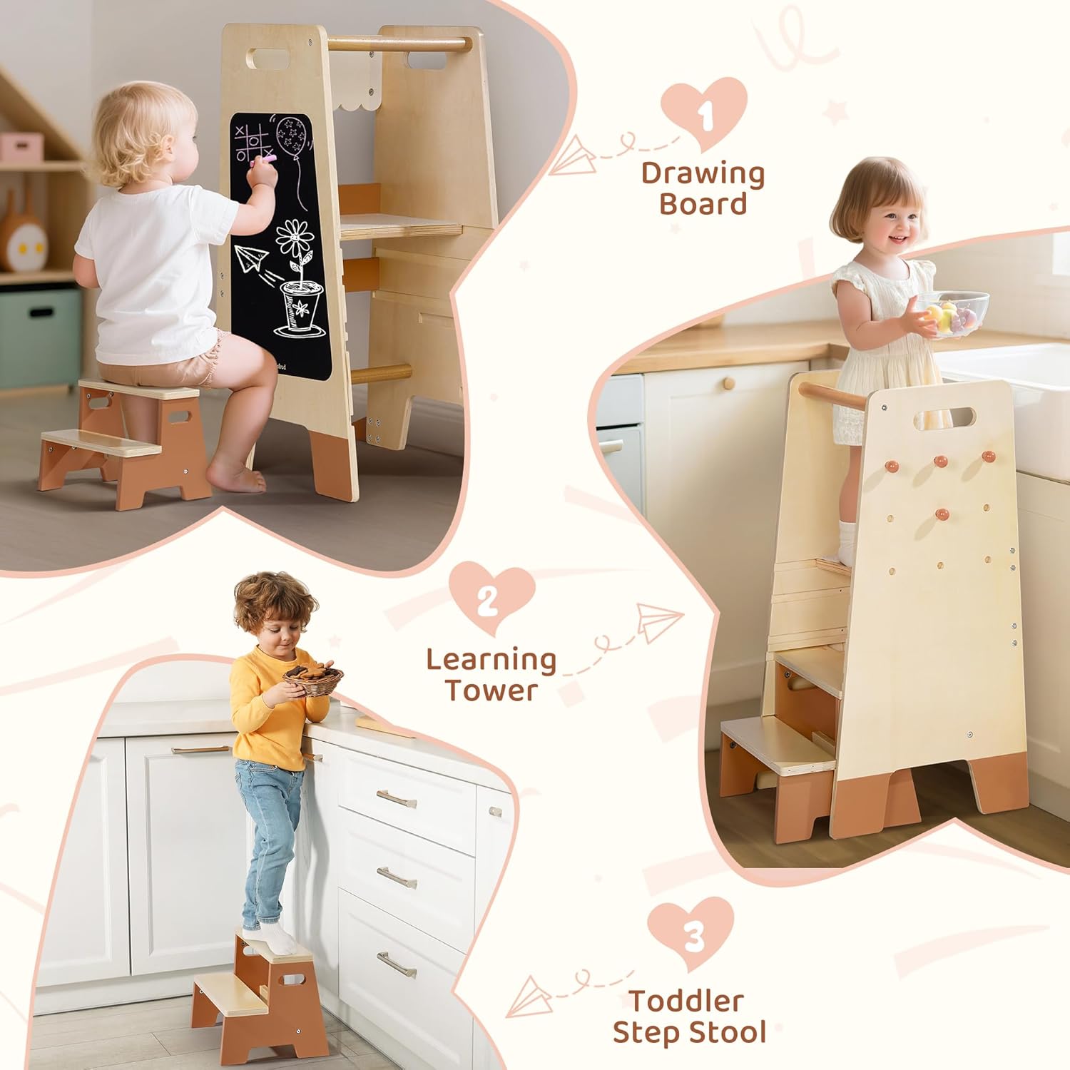 Thumbnail 3 de ROBOTIME Tritthocker aus Holz für Kleinkinder mit Sicherheitsgeländer & Tafel – Montessori Küchenhelfer ab 2 Jahren