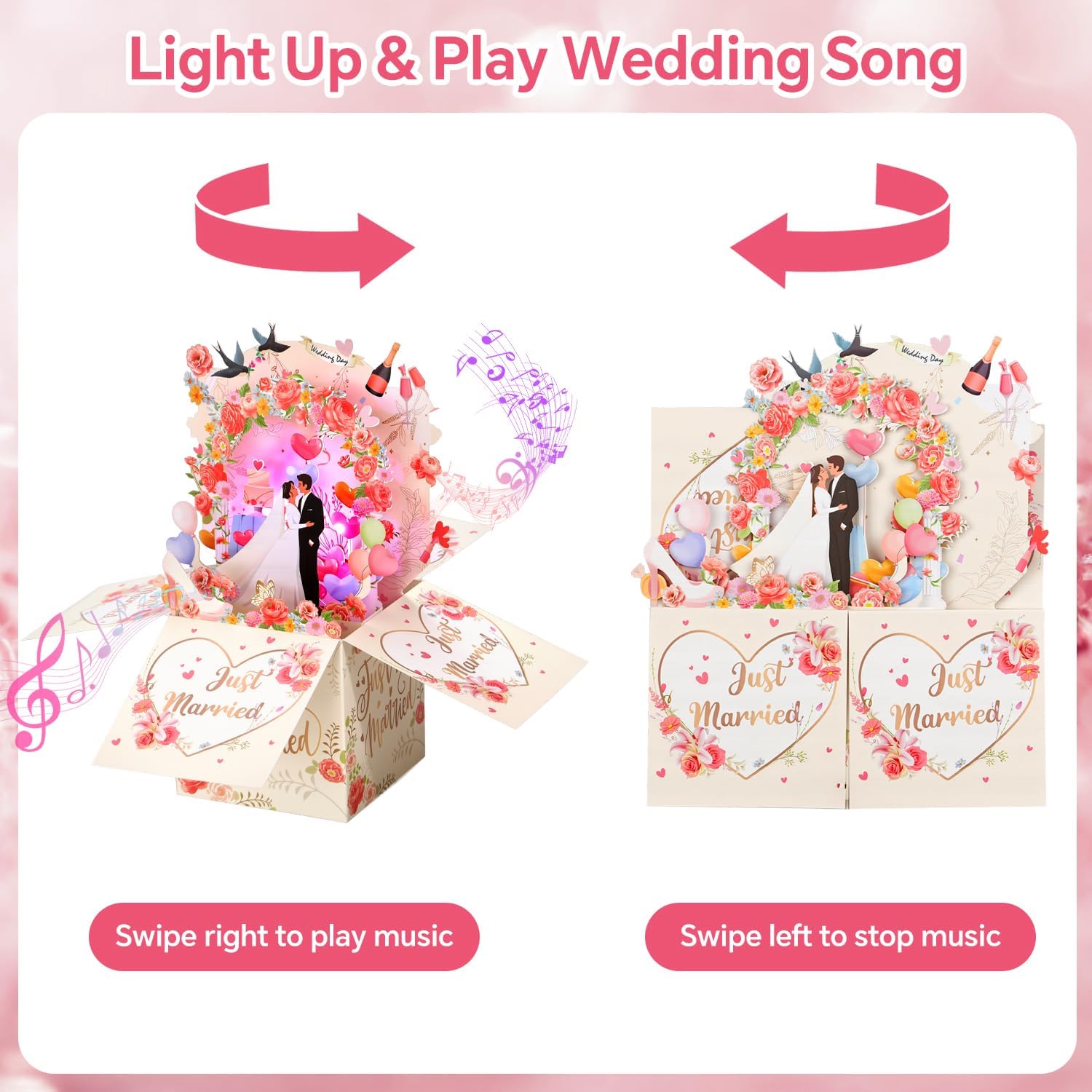 Thumbnail 1 de Yinqing Wedding Card with Music and Light – “Just Married” 3D pop-up gift for bride and groom