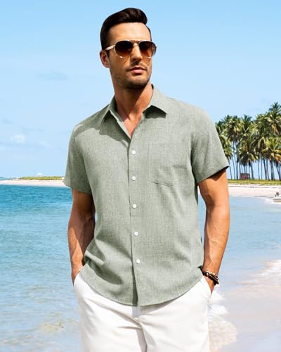 Detalle 2 de J.VER Mens Linen Shirts Short Sleeve Green Regular Fit: A Practical Summer Pick