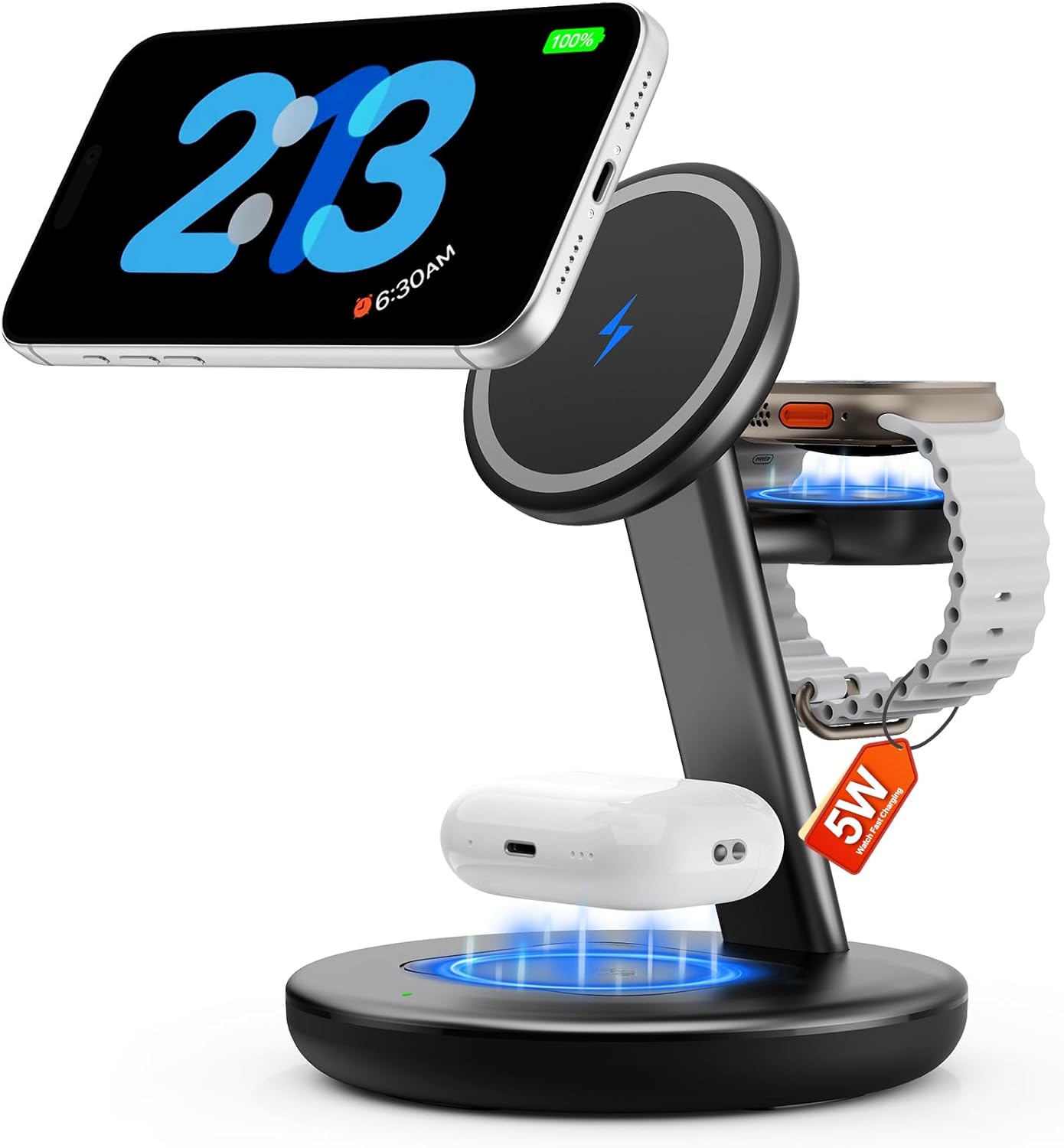 Detalle de LYAOAO 3-in-1 Wireless Charging Station with 15W MagSafe and 5W Apple Watch Support