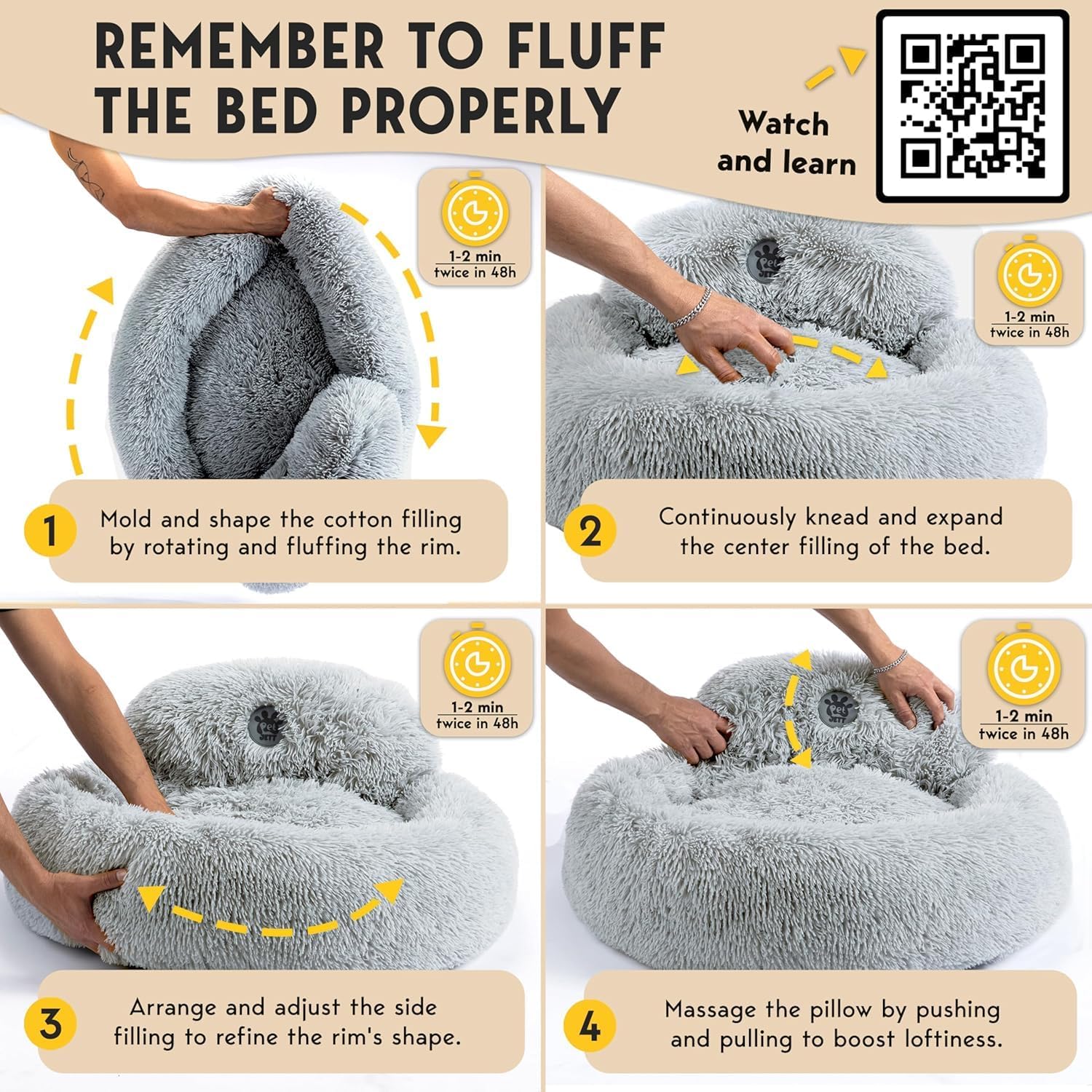 Thumbnail 5 de PetJett Small Dog Bed (23-inch Round) – Anti-Slip, Washable Donut Calming Puppy Bed in Bright Gray