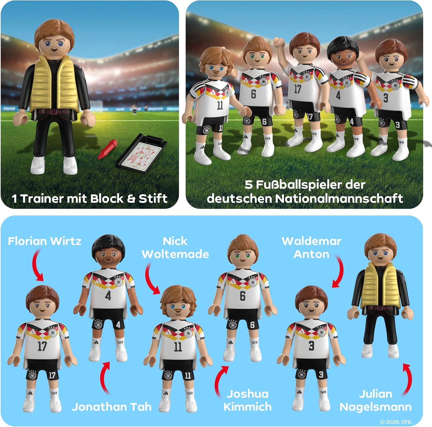Detalle de PLAYMOBIL DFB WM Sammel Set 1 – Fußball-WM mit Julian Nagelsmann, Florian Wirtz, Joshua Kimmich, Jonathan Tah, Nick Woltemade, Waldemar Anton und Trainer (210449)