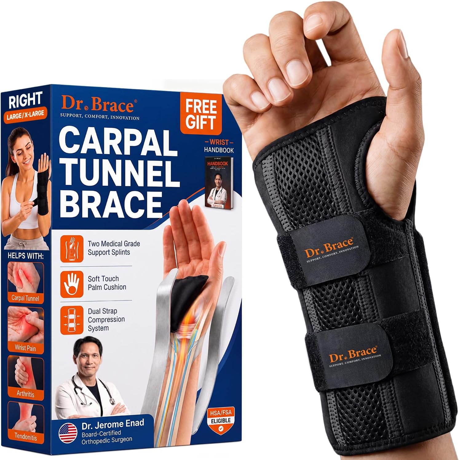 Detalle de DR. BRACE Adjustable Wrist Brace, L/XL Right Hand, Double Splints & Cushion